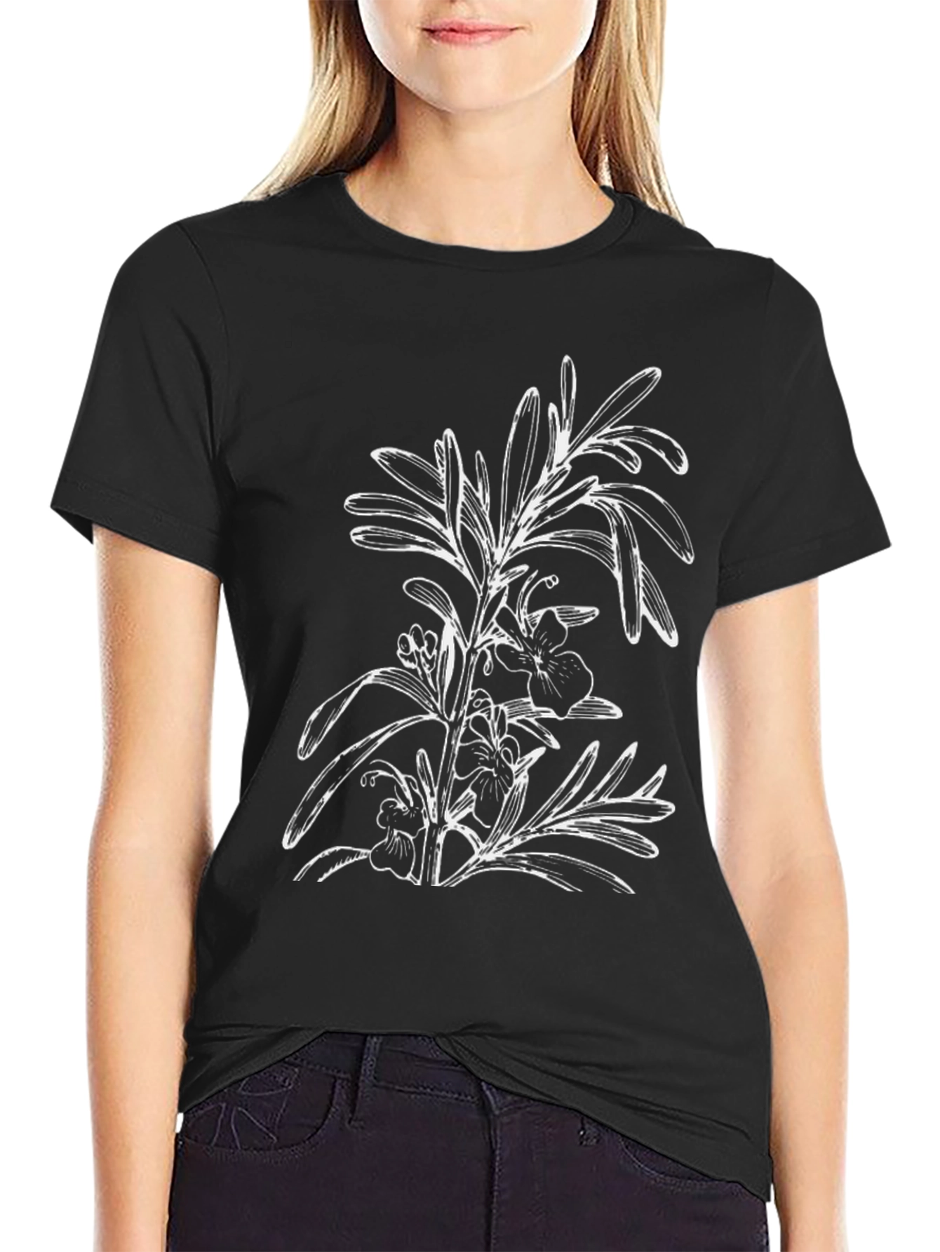 Black T-Shirt with Floral Botanical Graphic