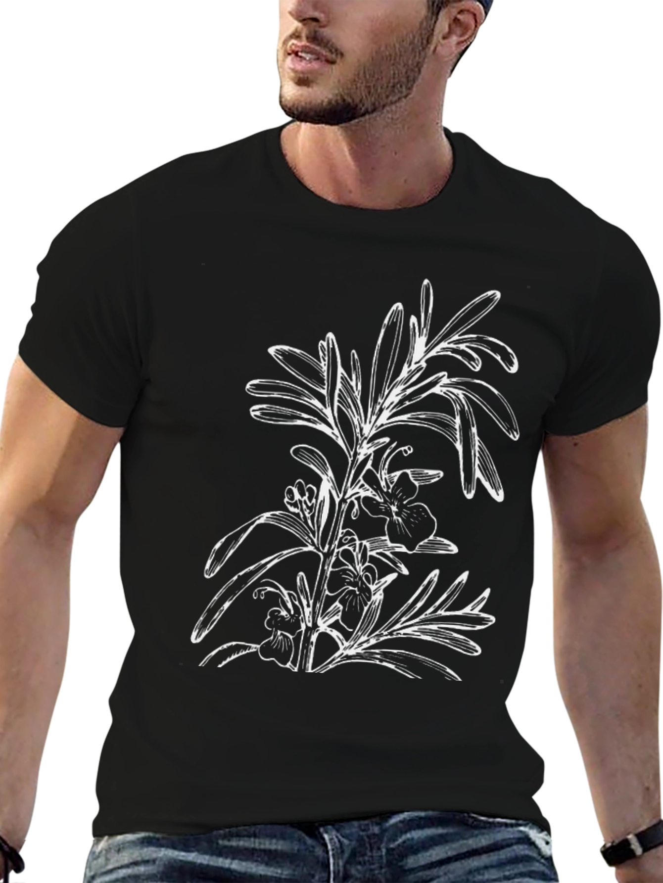 Black T-Shirt with Floral Botanical Graphic