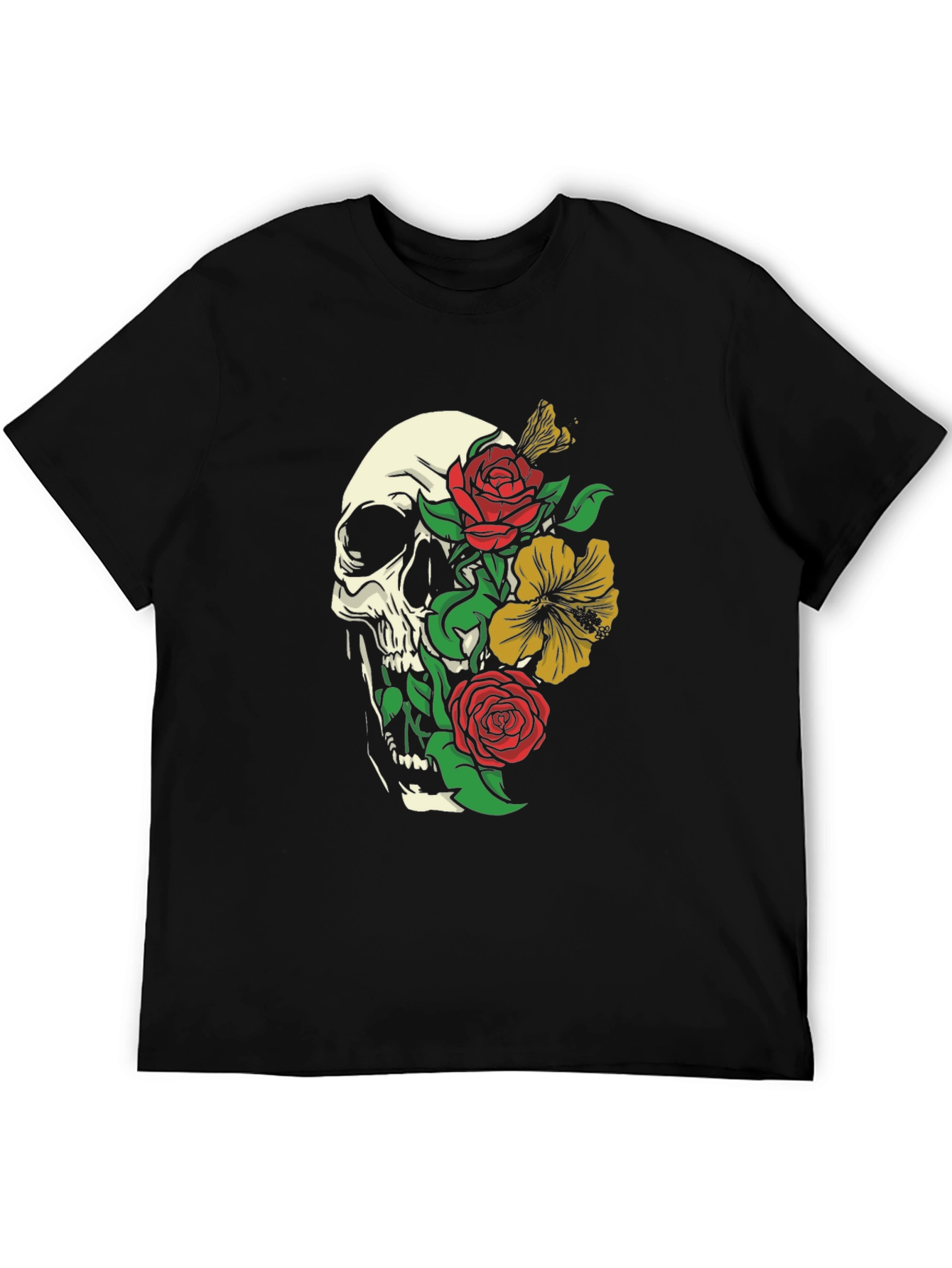 Skull & Roses Graphic Print Black T-Shirt