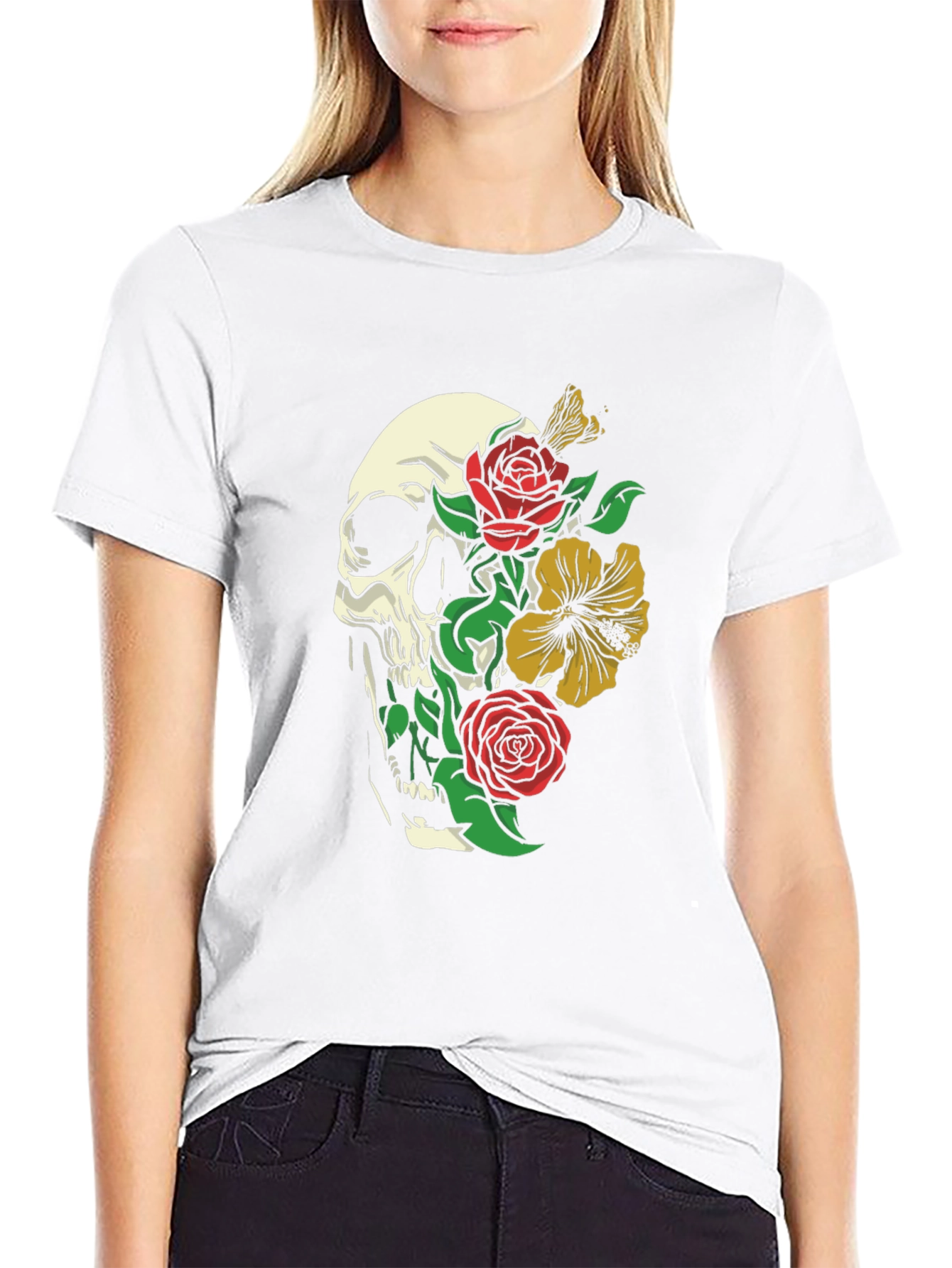 Skull & Roses Graphic Print Black T-Shirt