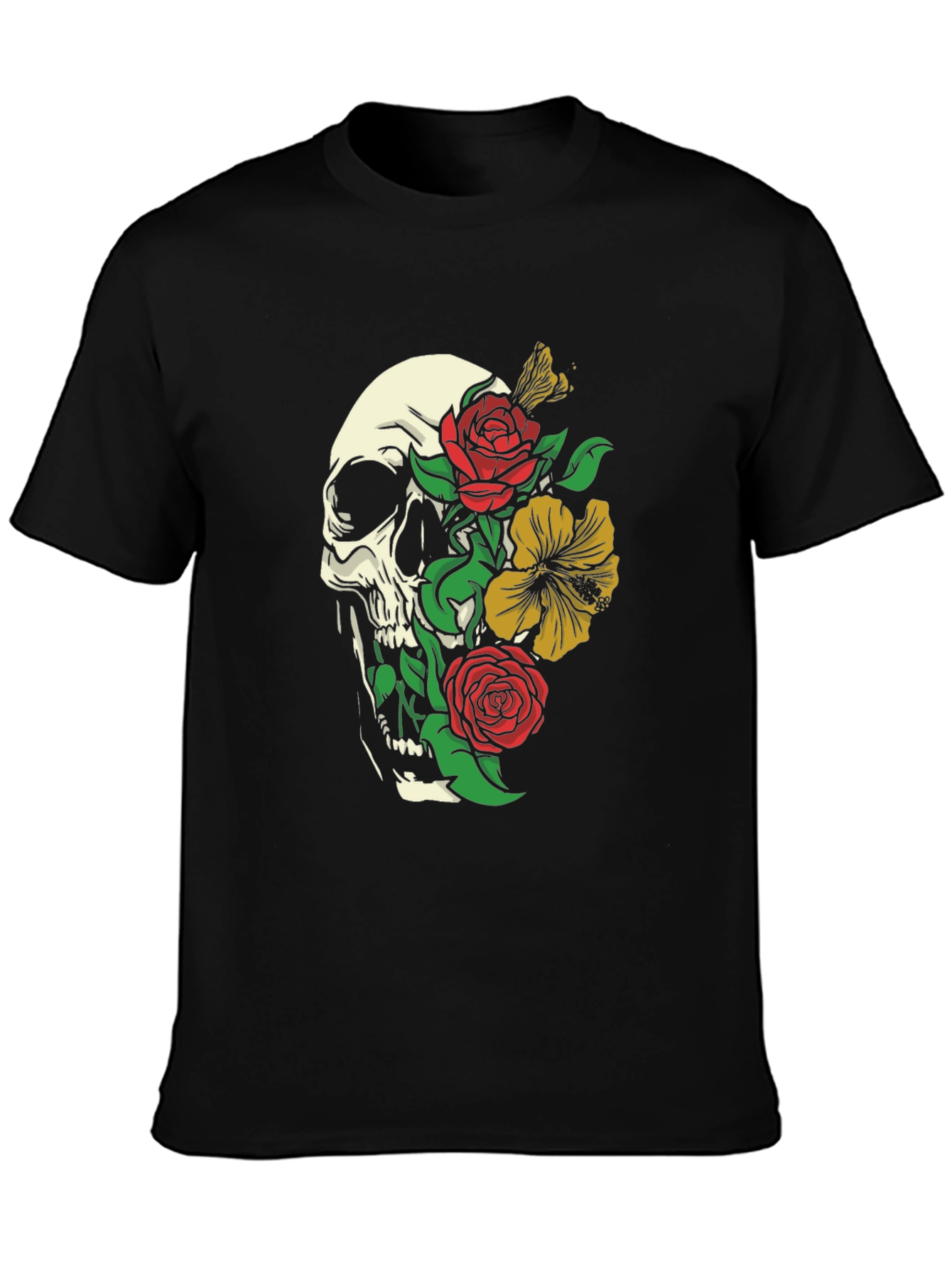 Skull & Roses Graphic Print Black T-Shirt