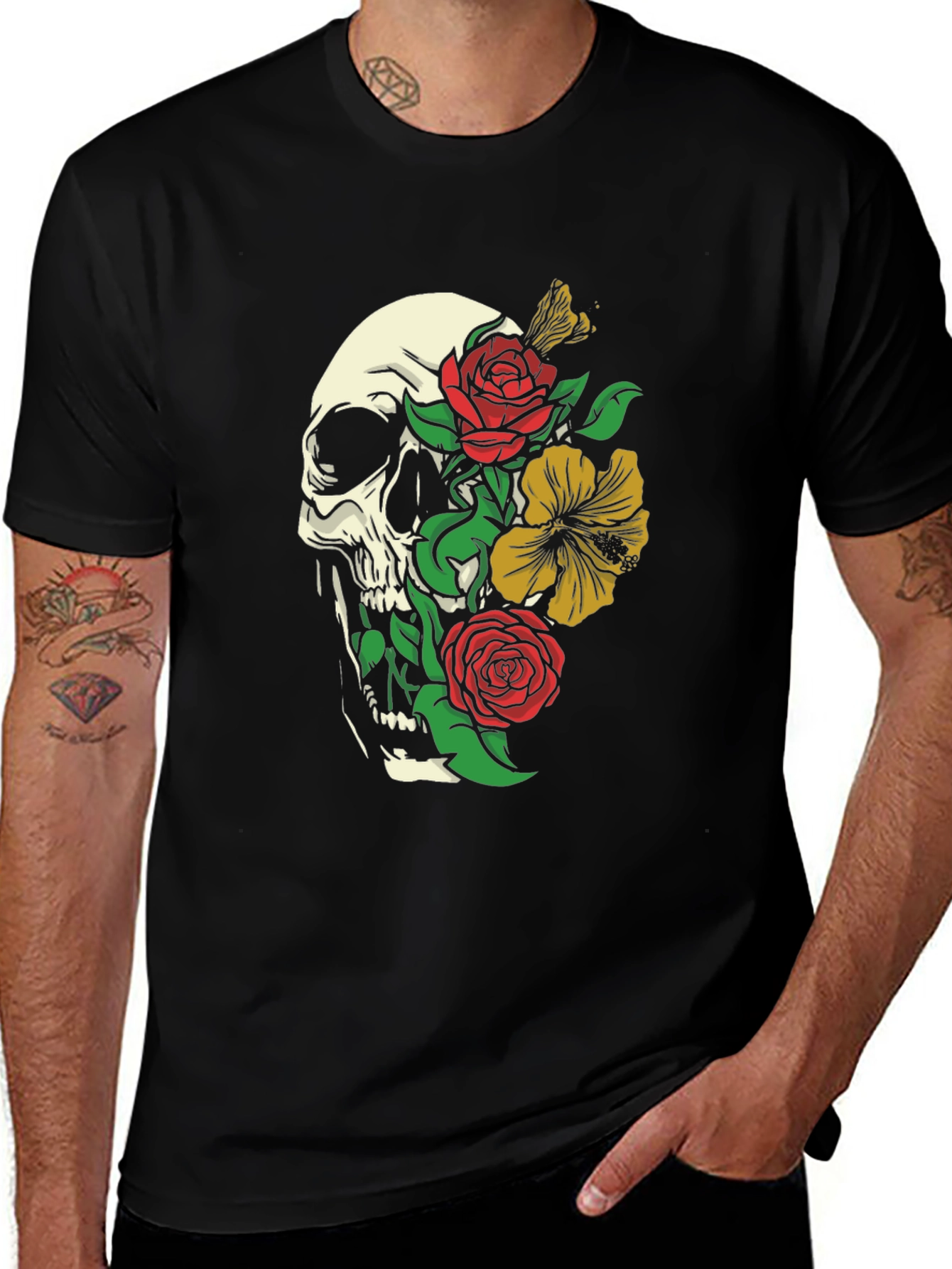 Skull & Roses Graphic Print Black T-Shirt