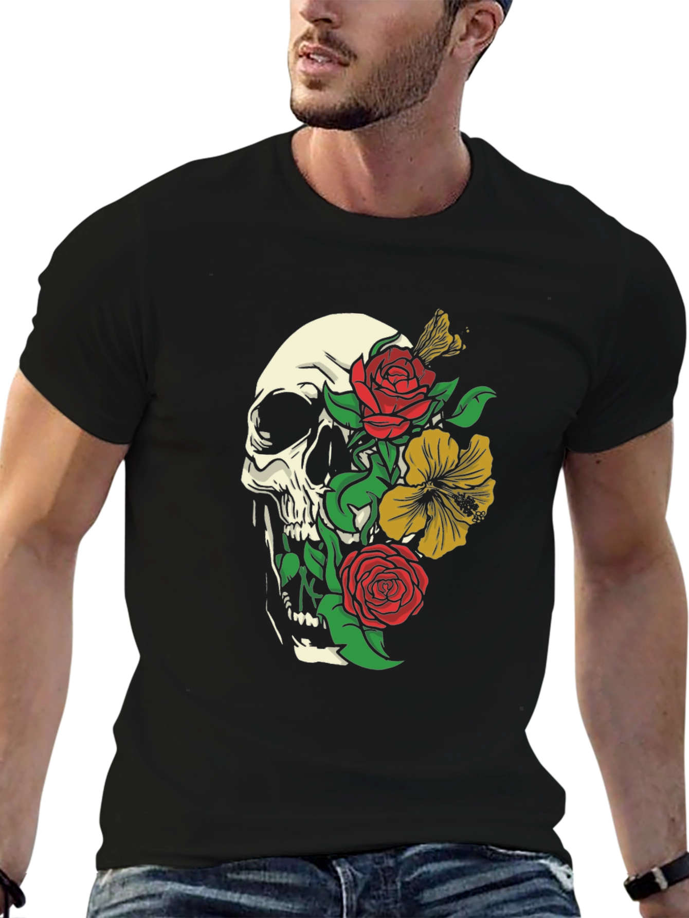 Skull & Roses Graphic Print Black T-Shirt