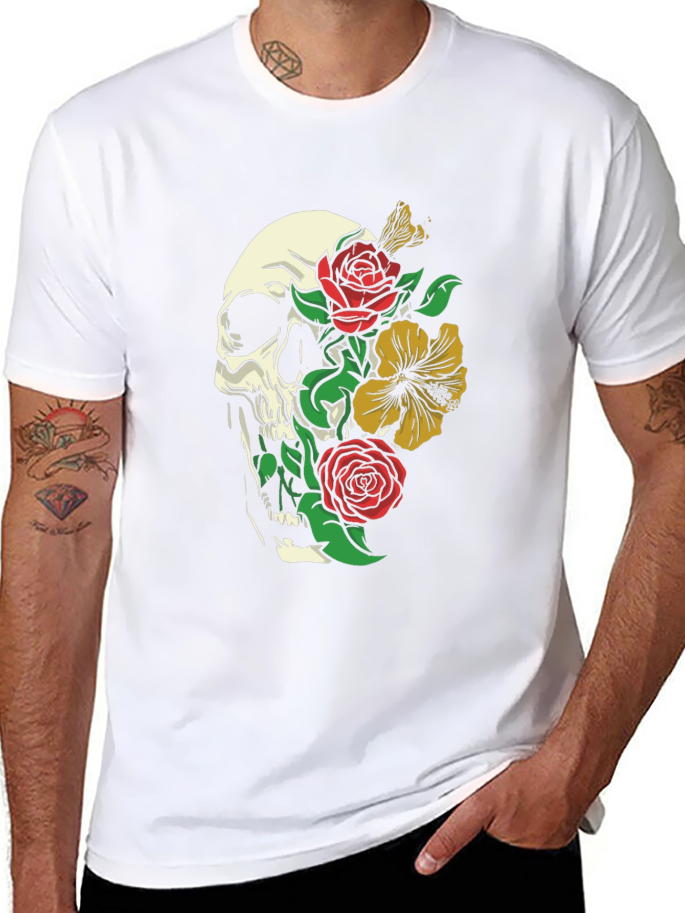 Skull & Roses Graphic Print Black T-Shirt