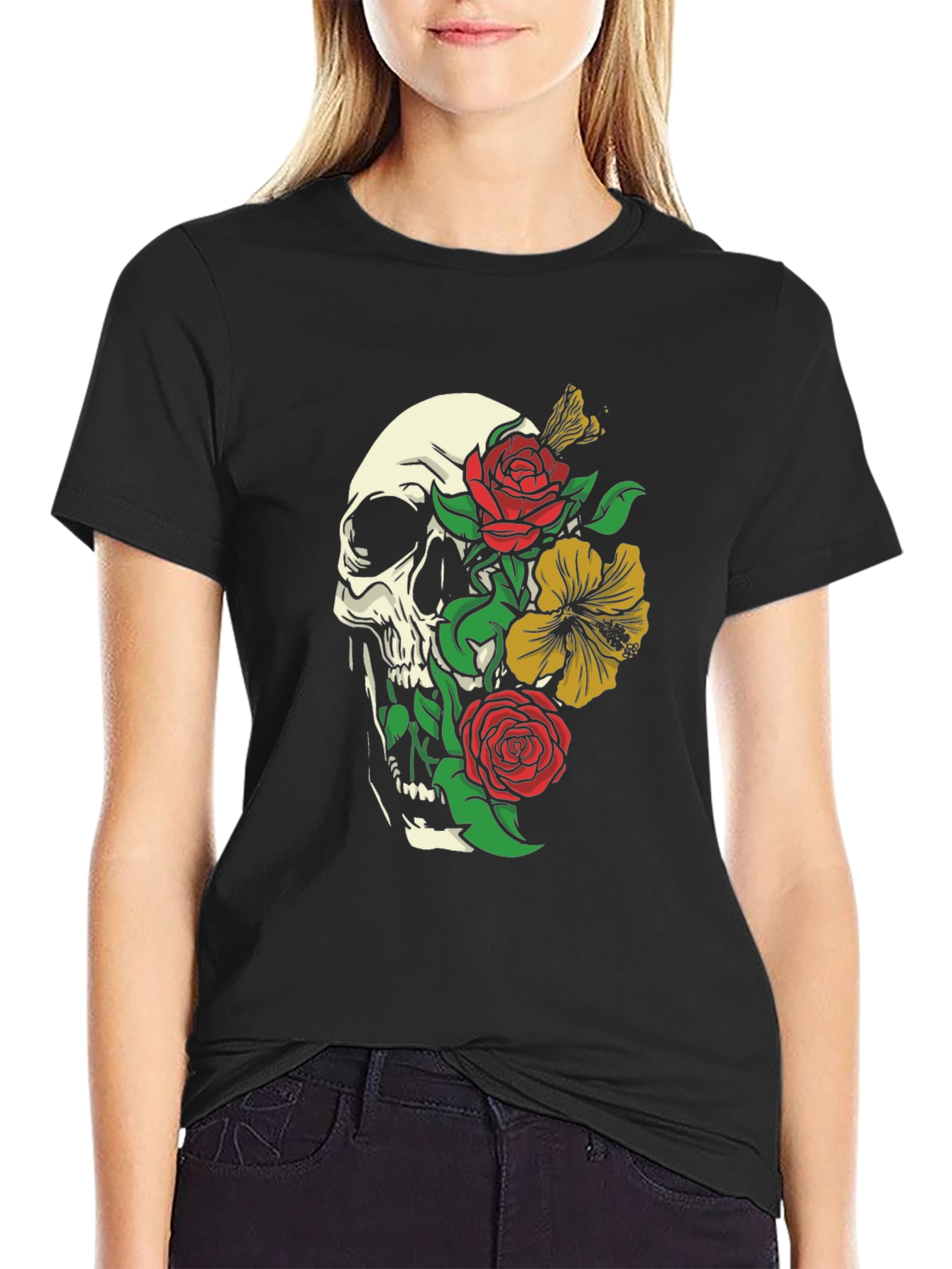 Skull & Roses Graphic Print Black T-Shirt