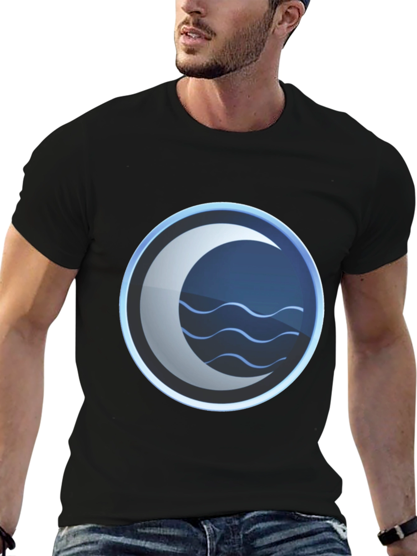 Mystic Crescent Wave Graphic Tee - Black Cotton Blend