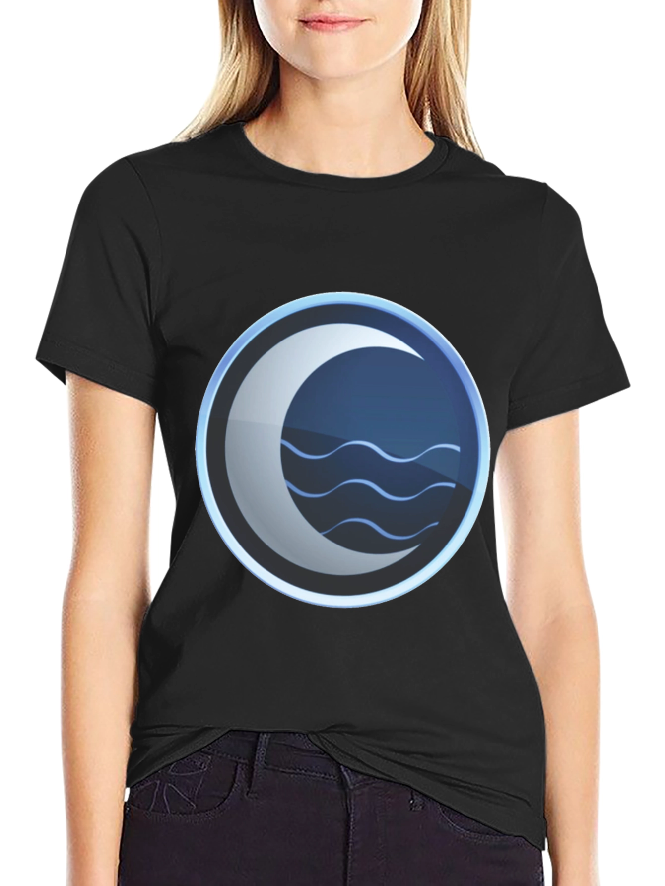 Mystic Crescent Wave Graphic Tee - Black Cotton Blend