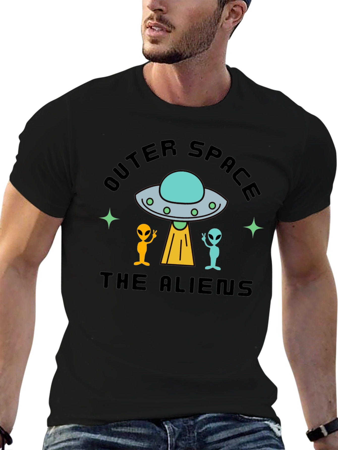 Outer Space Aliens Black T-Shirt
