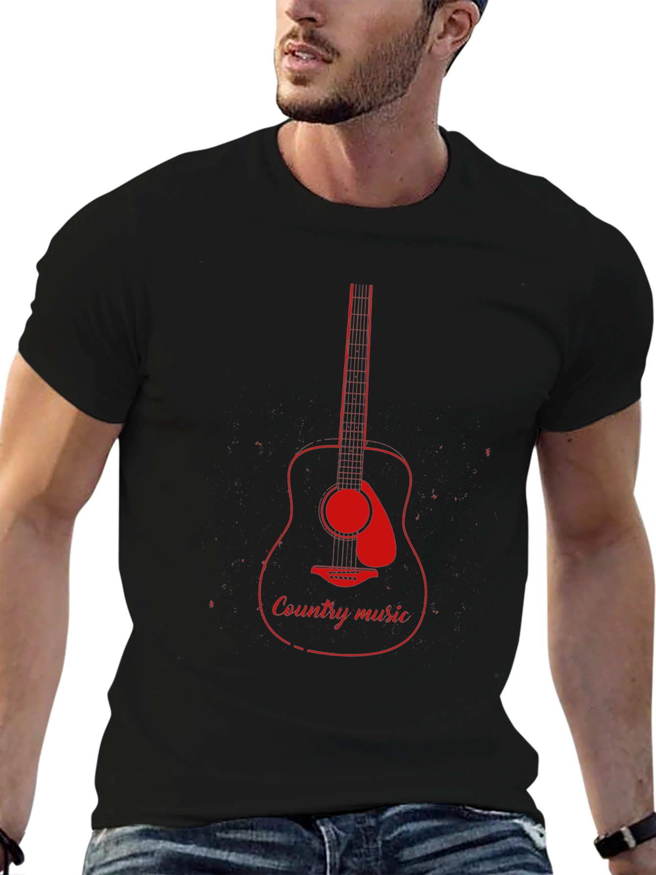 Country Music Guitar Graphic Tee - Black Cotton T-Shirt