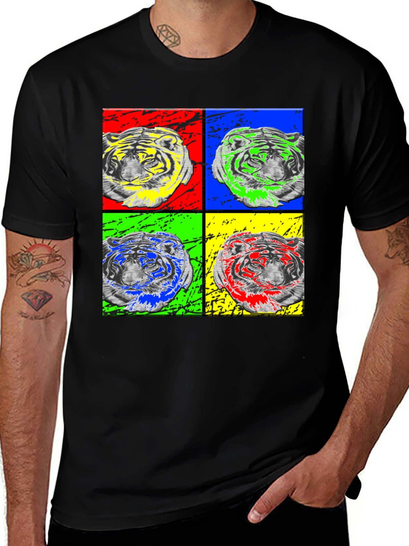 Pop Art Tiger Graphic Black T-Shirt