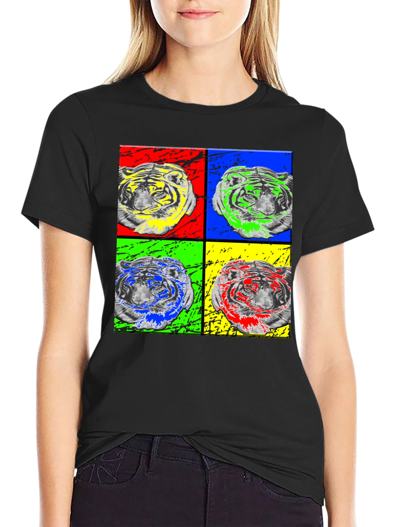 Pop Art Tiger Graphic Black T-Shirt