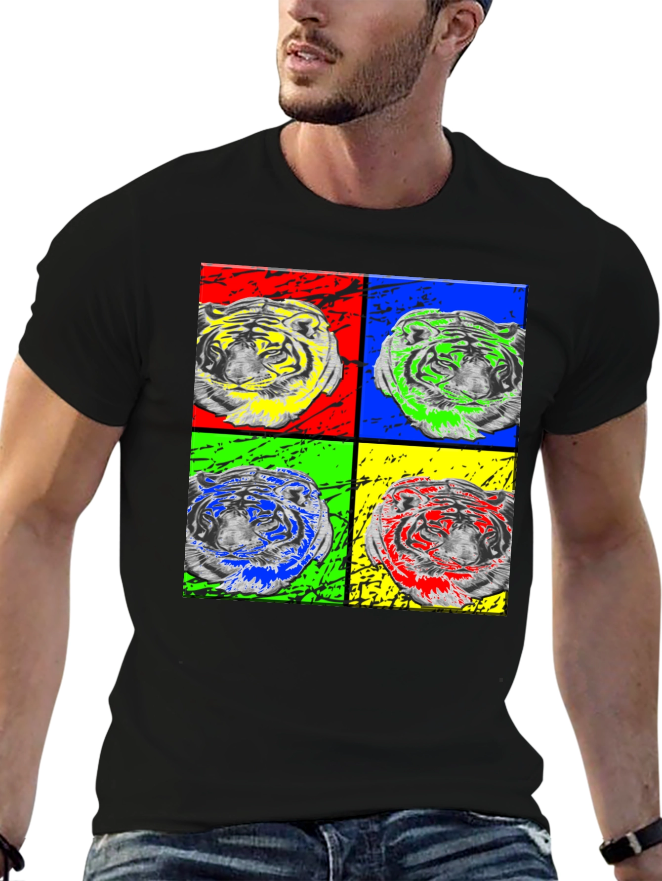 Pop Art Tiger Graphic Black T-Shirt