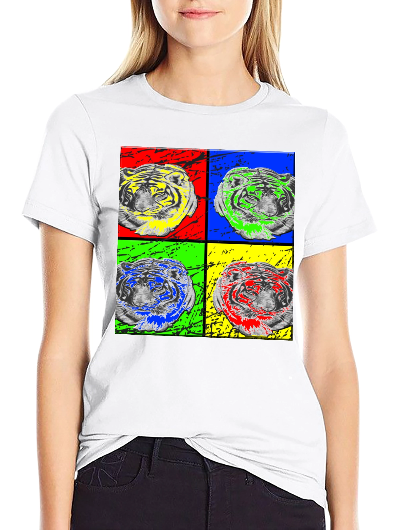 Pop Art Tiger Graphic Black T-Shirt
