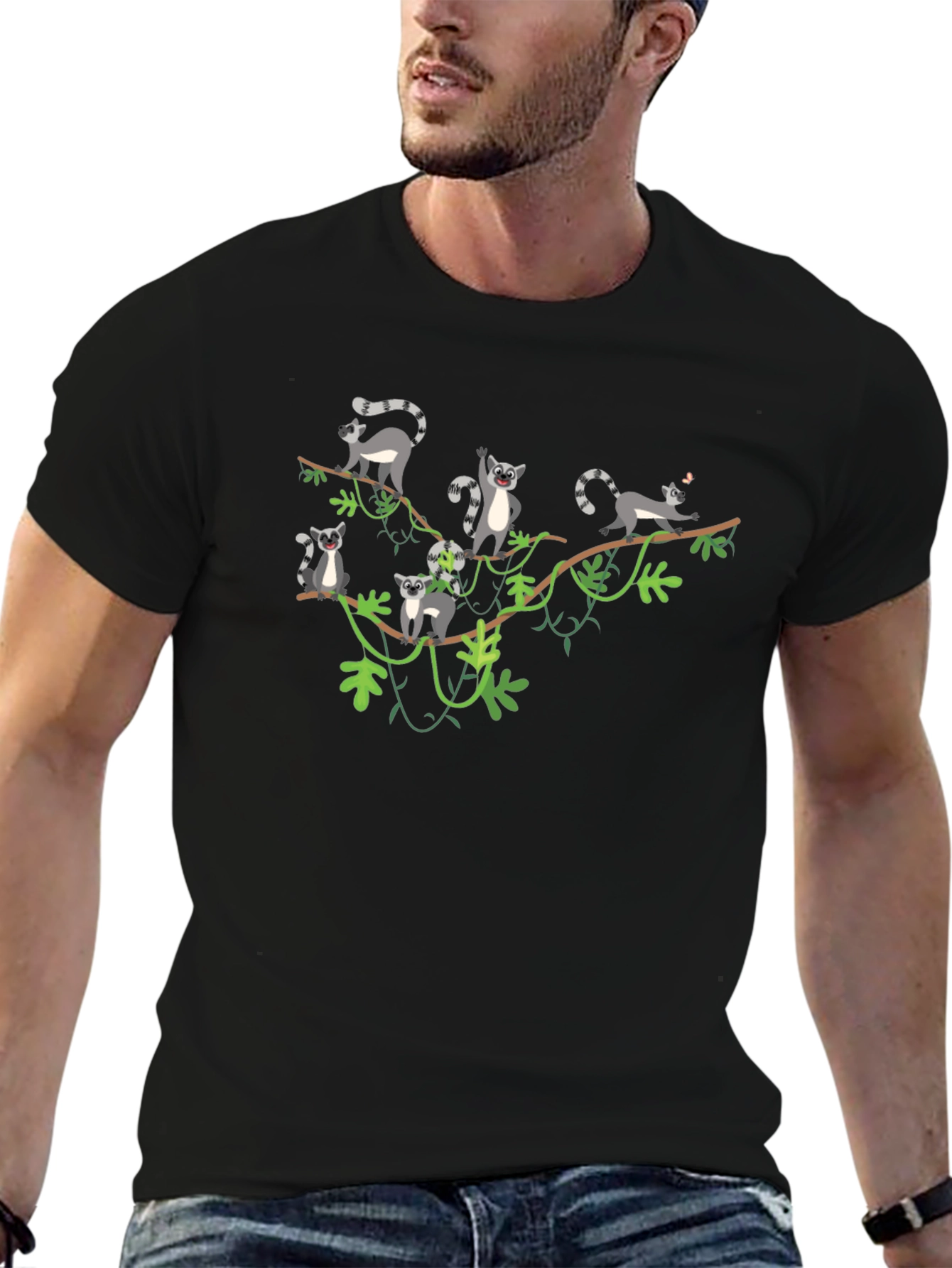 Lemur Vine Graphic T-Shirt - Black Crew Neck