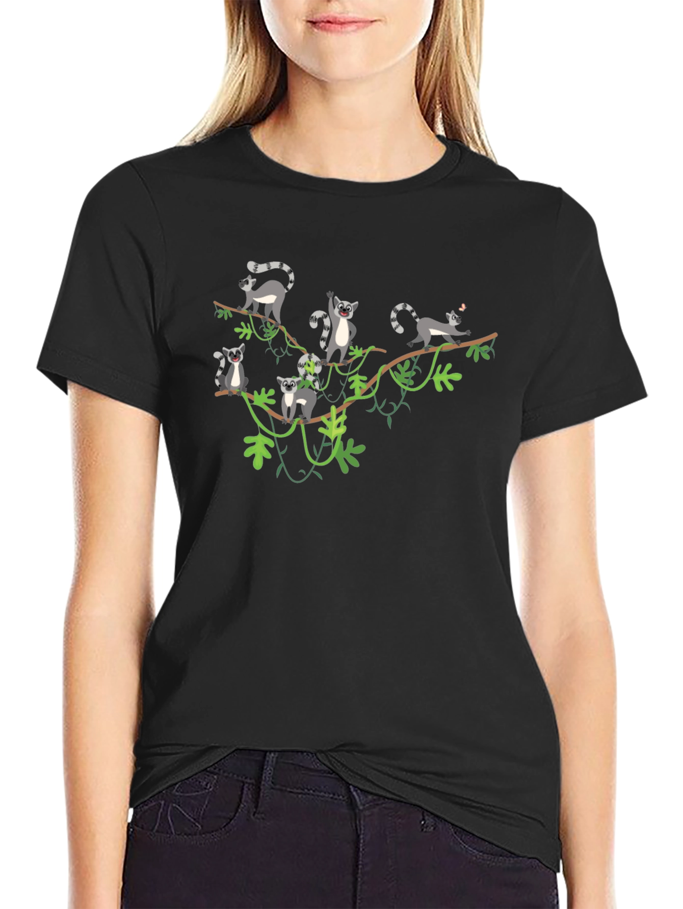 Lemur Vine Graphic T-Shirt - Black Crew Neck