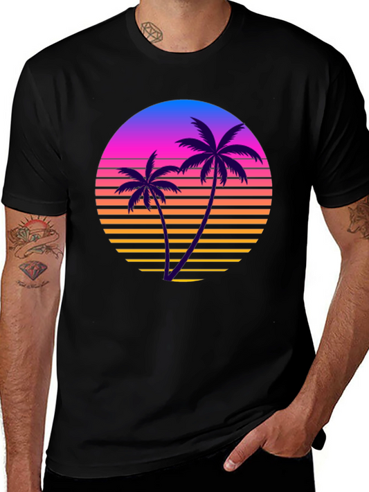 Retro Sunset Palm Tree Graphic Tee - Black Cotton T-Shirt