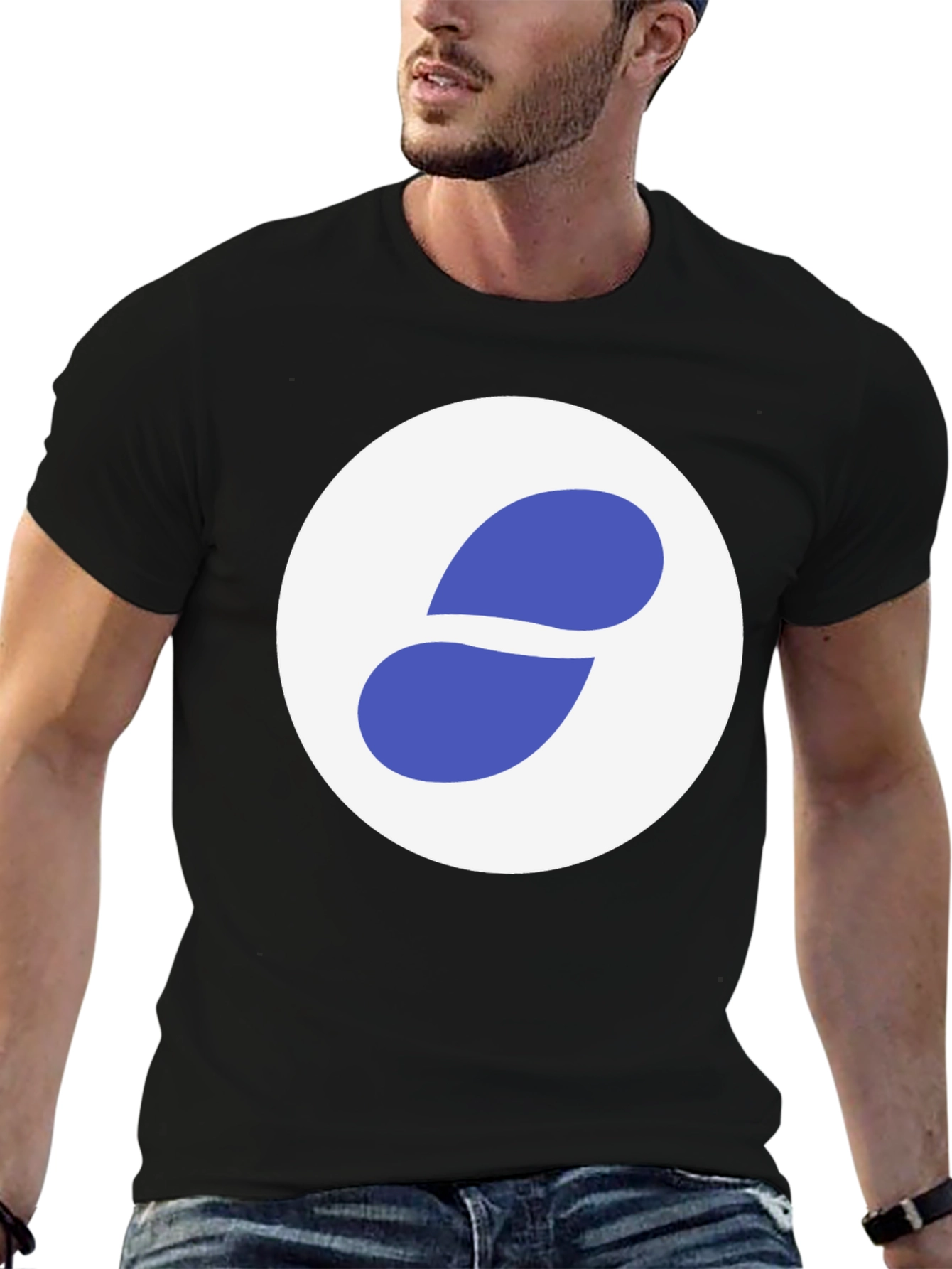 Stylish Black Tee with Abstract Blue and White Graphic
