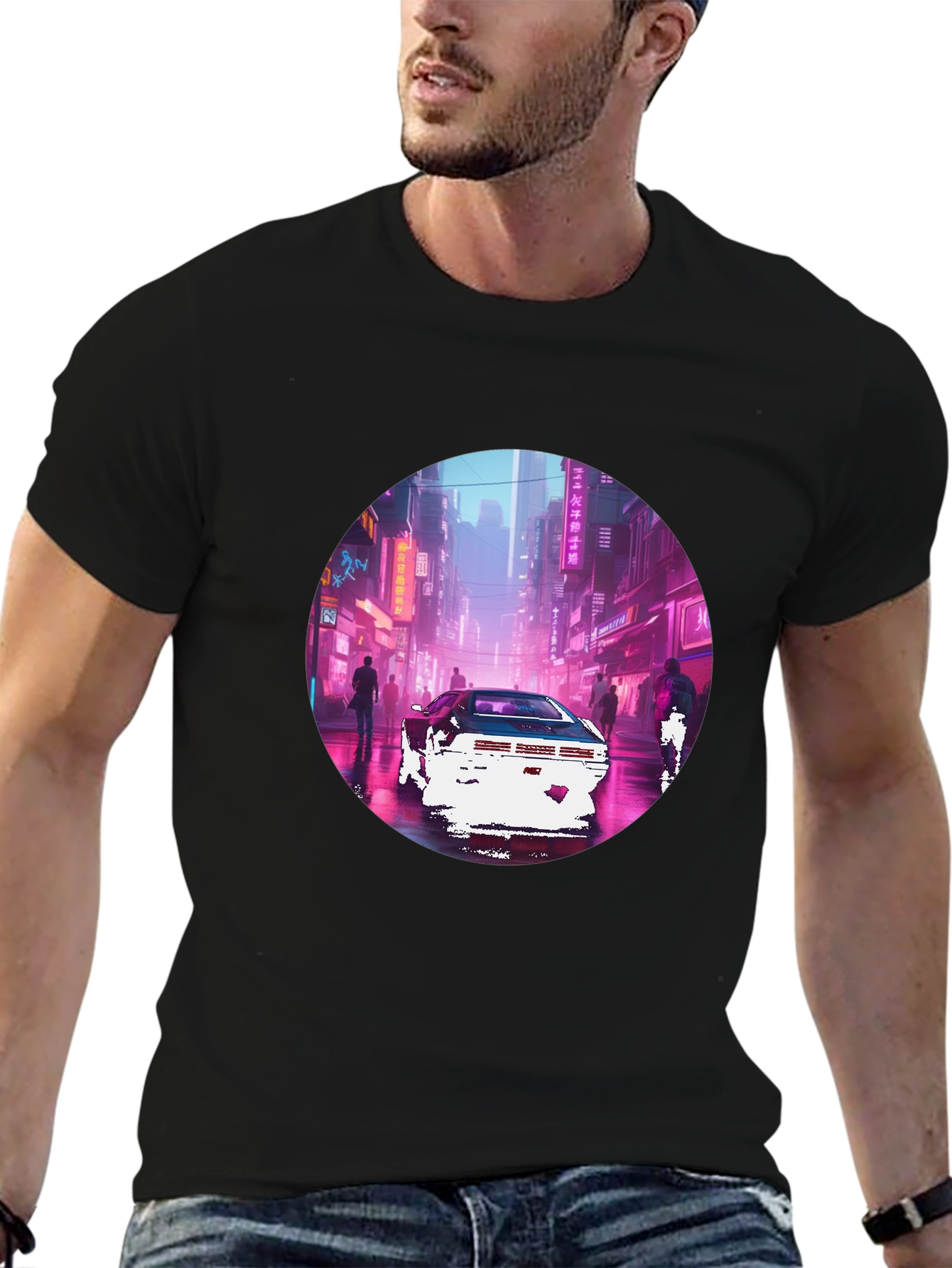 Retro Cyberpunk Car Graphic Tee - Black