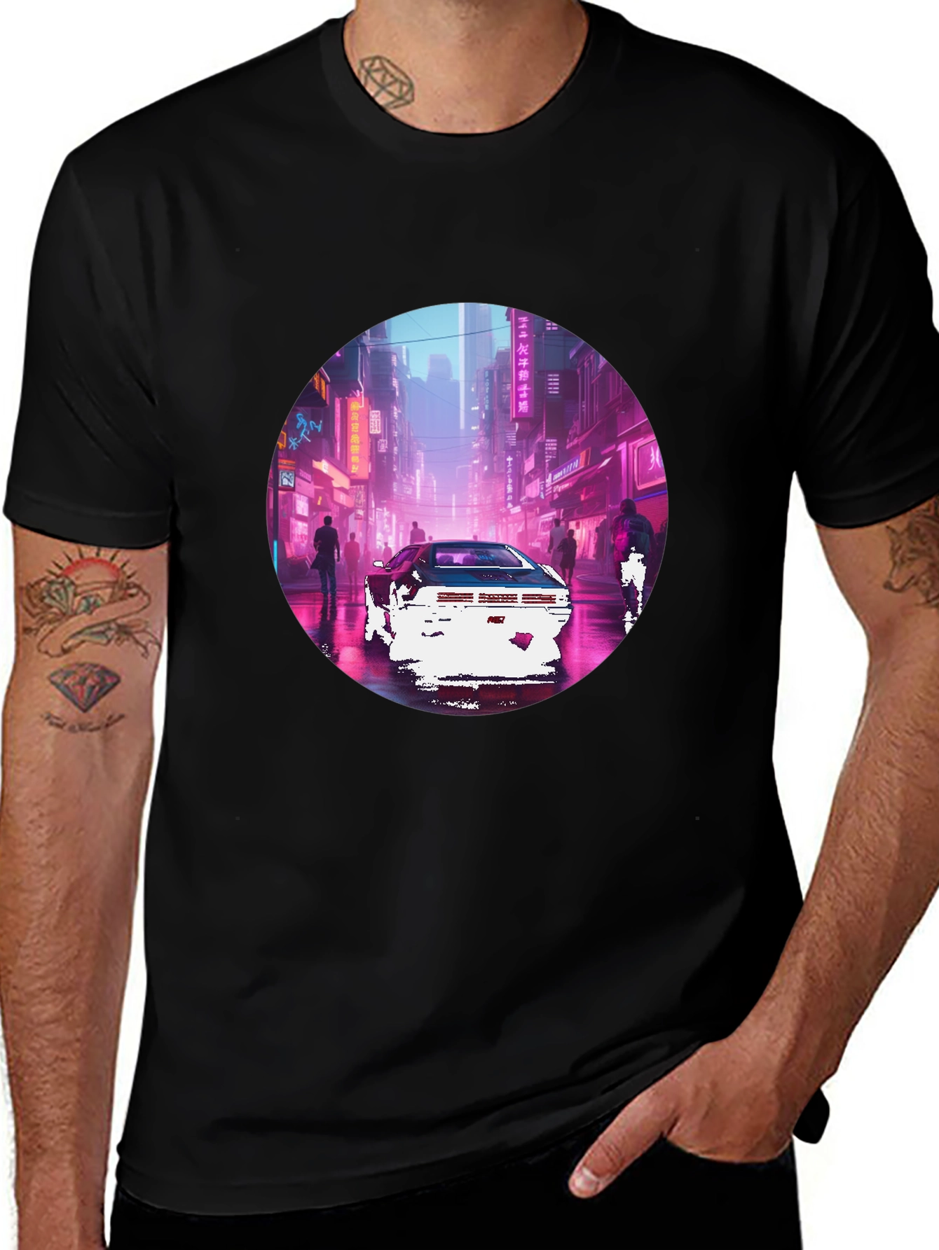 Retro Cyberpunk Car Graphic Tee - Black