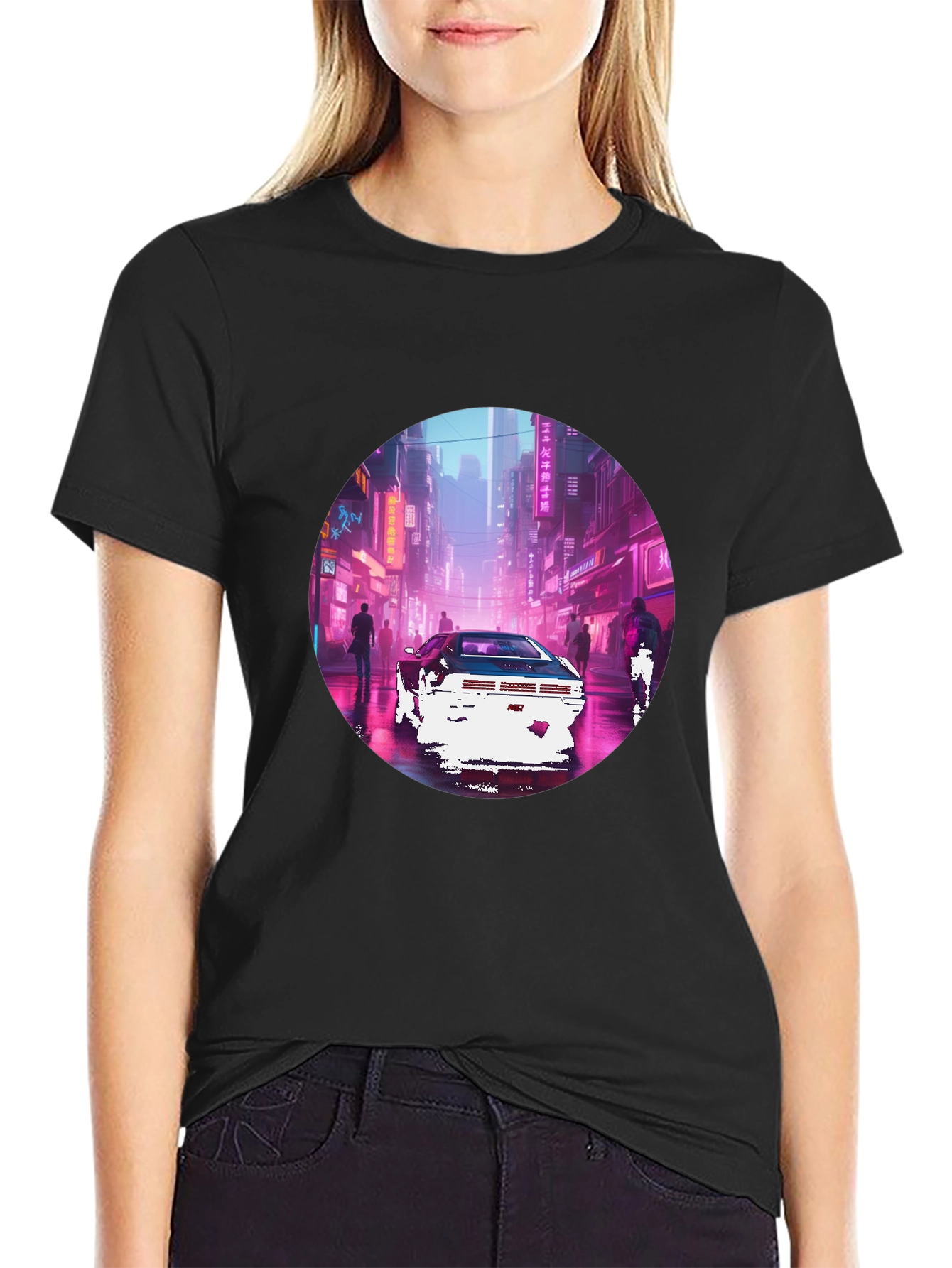 Retro Cyberpunk Car Graphic Tee - Black
