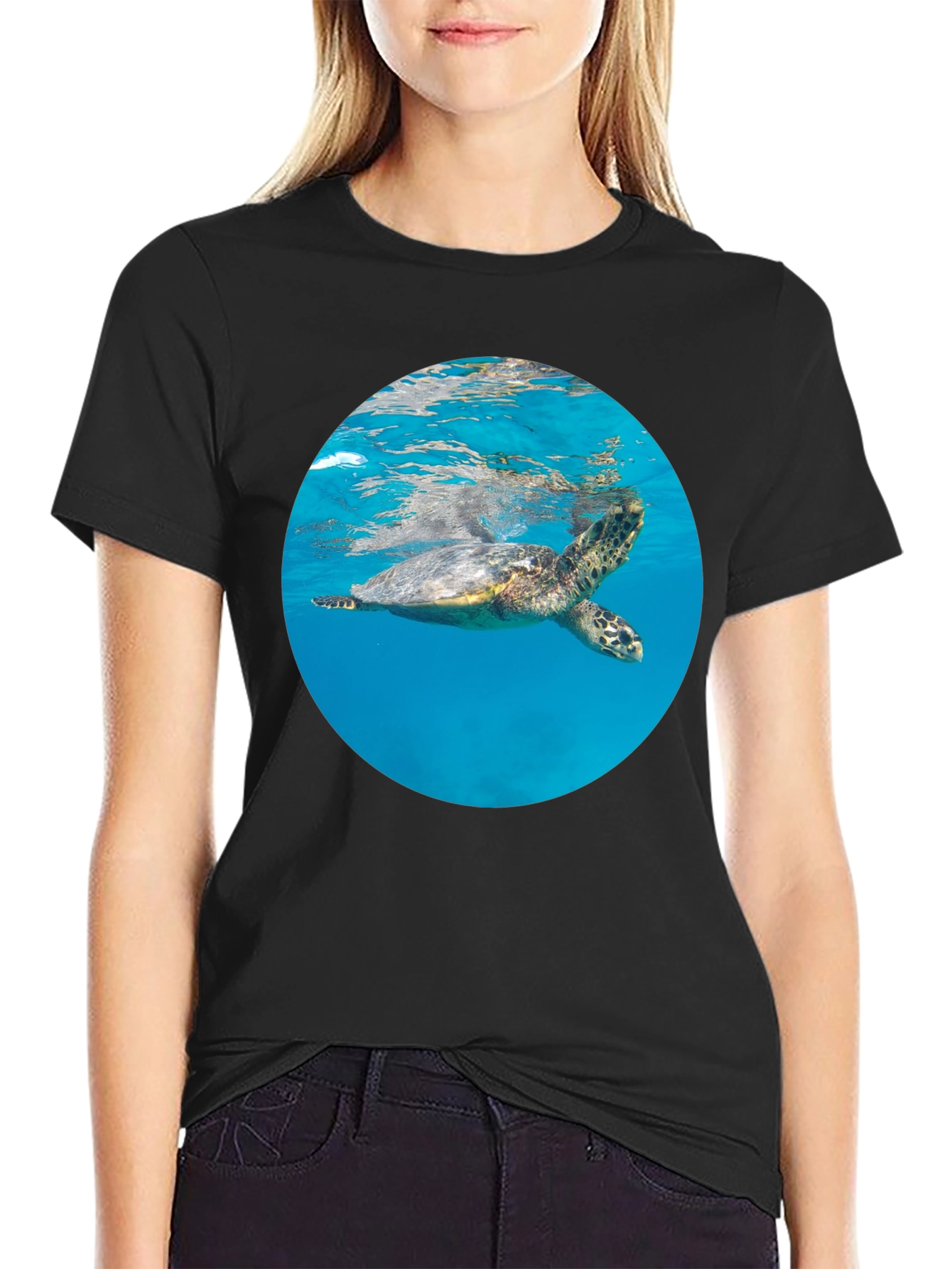 Sea Turtle Graphic Tee - Black Crew Neck