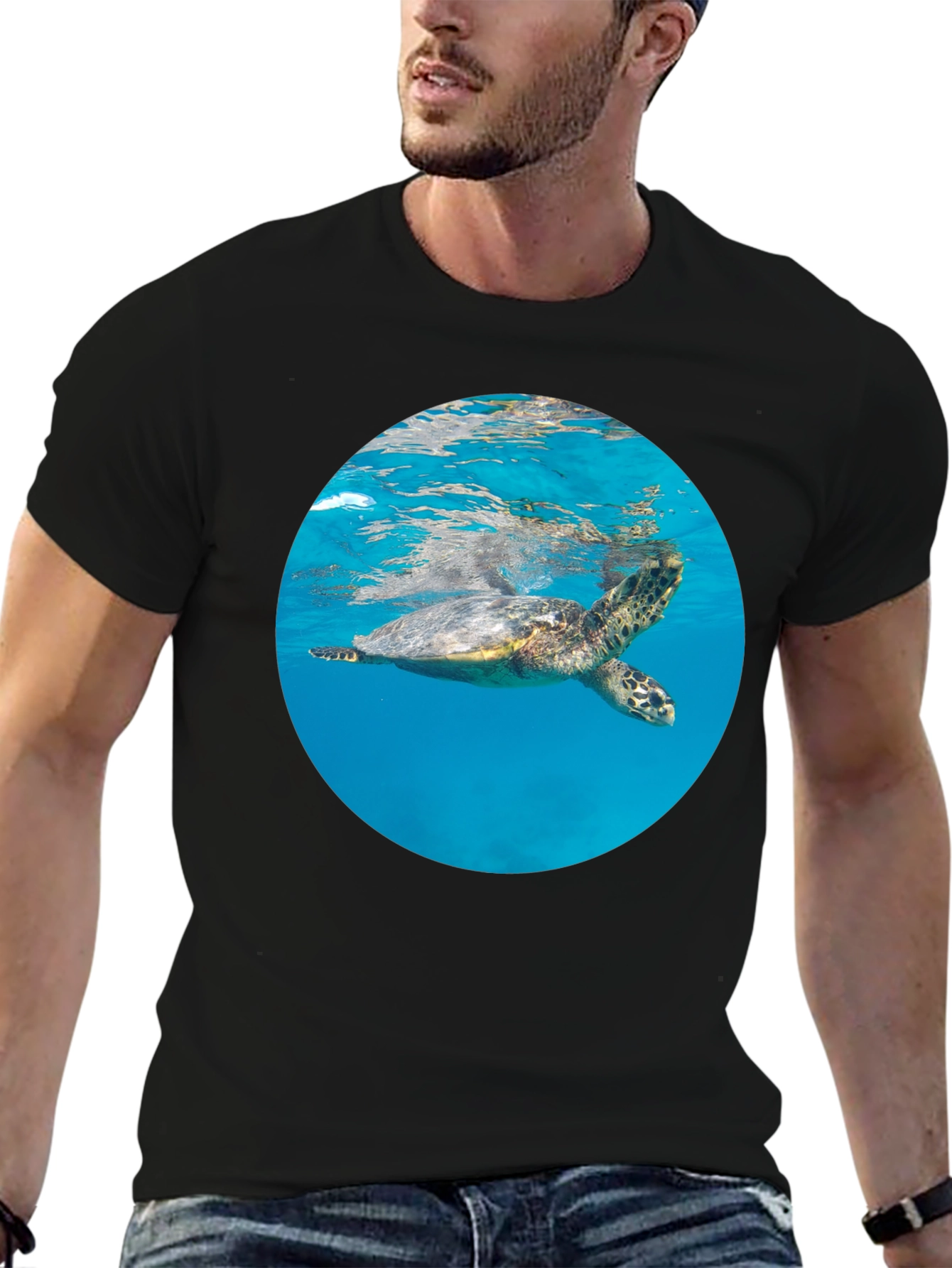 Sea Turtle Graphic Tee - Black Crew Neck
