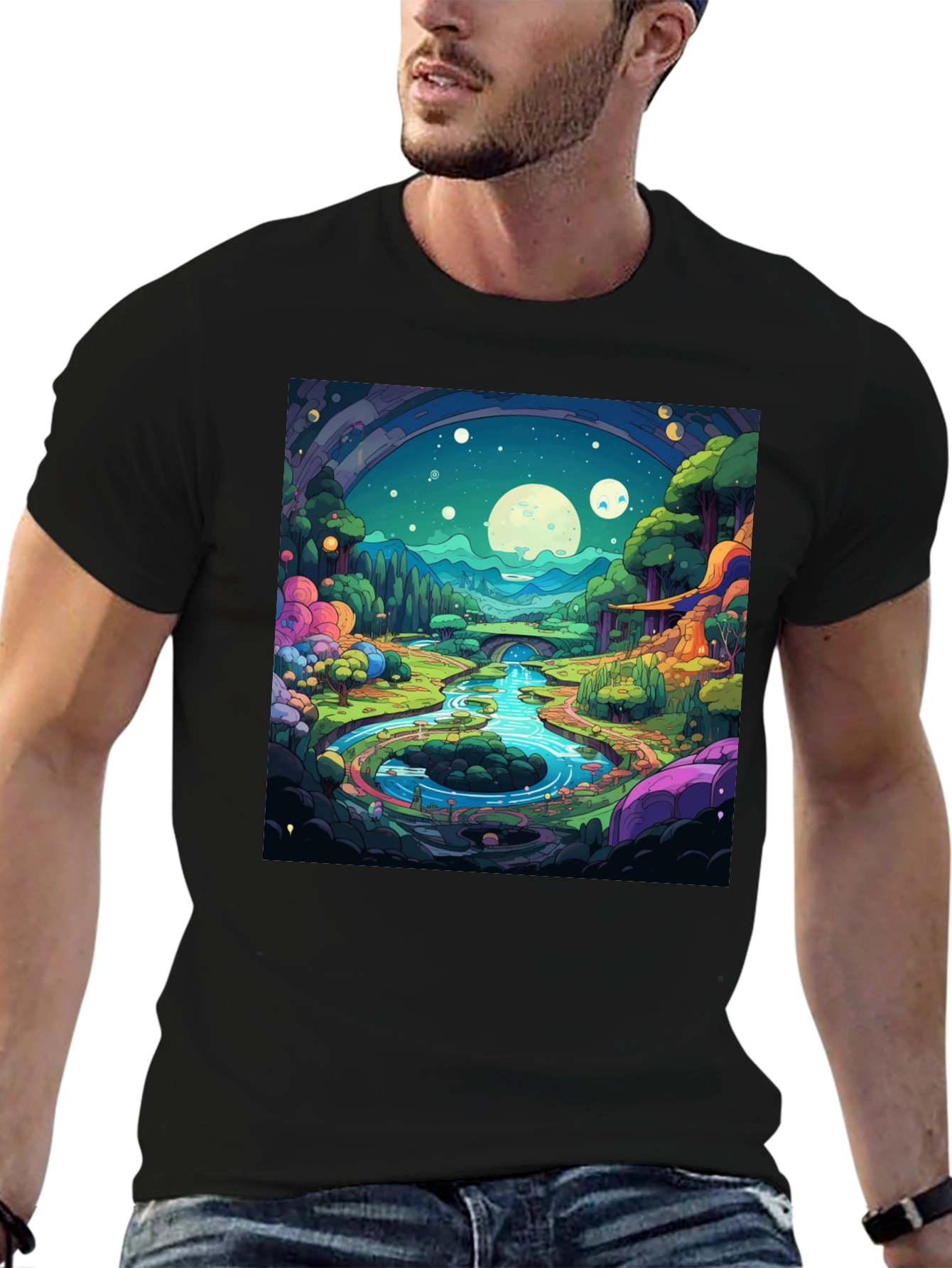 Cartoon Landscape Graphic Tee - Black