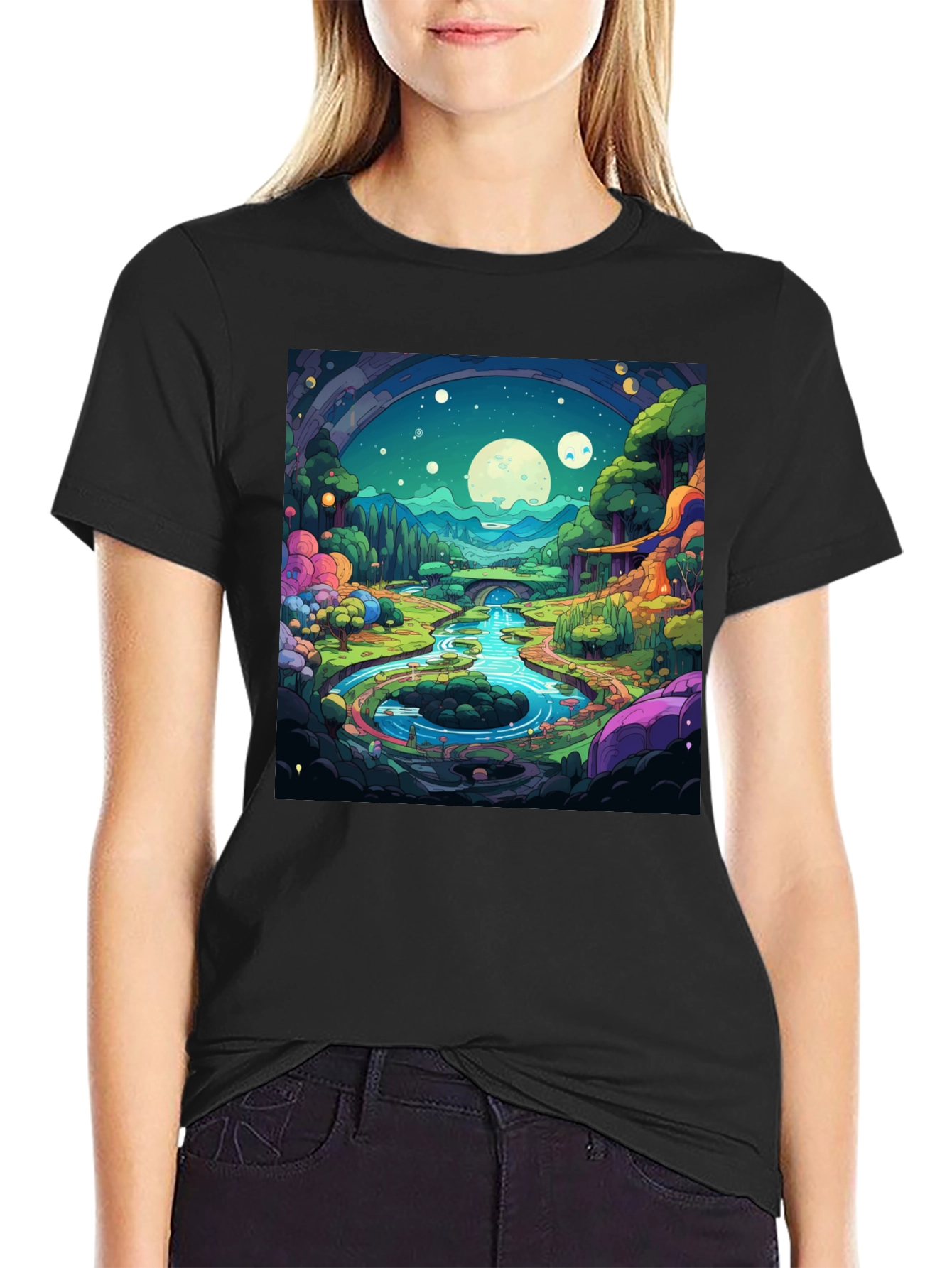 Cartoon Landscape Graphic Tee - Black