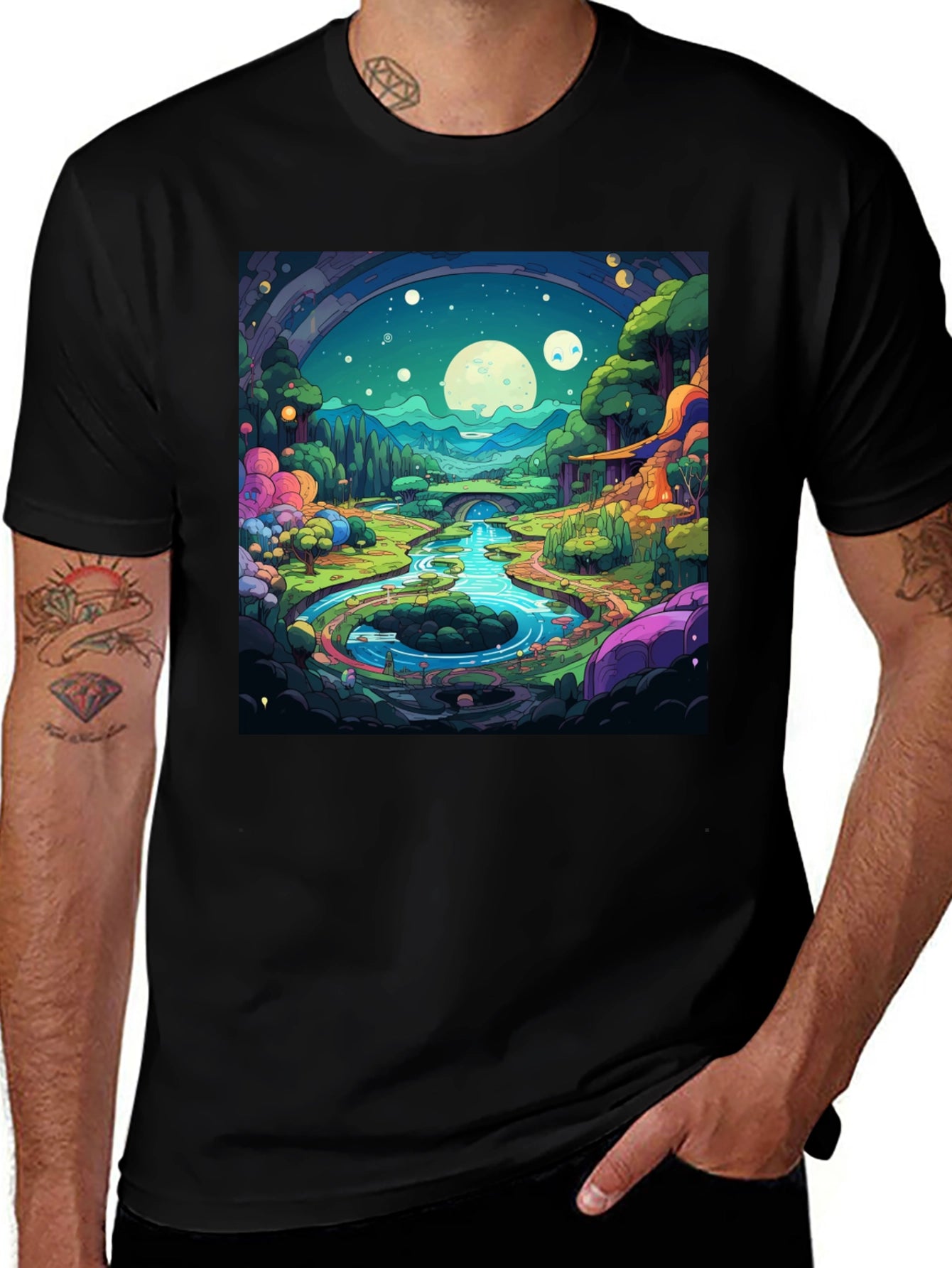 Cartoon Landscape Graphic Tee - Black