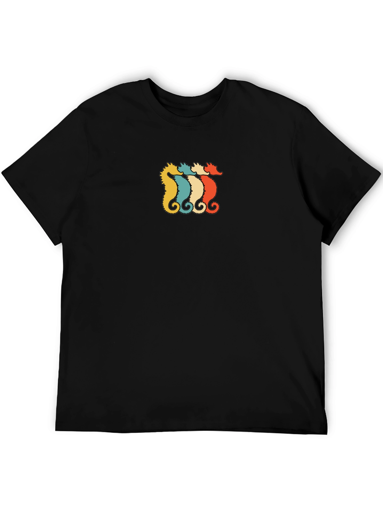 Retro Seahorse Graphic Tee - Black Cotton T-Shirt