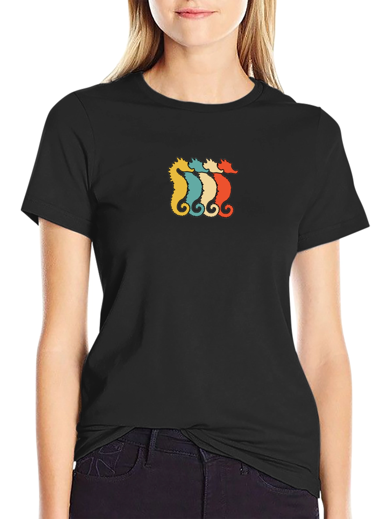 Retro Seahorse Graphic Tee - Black Cotton T-Shirt