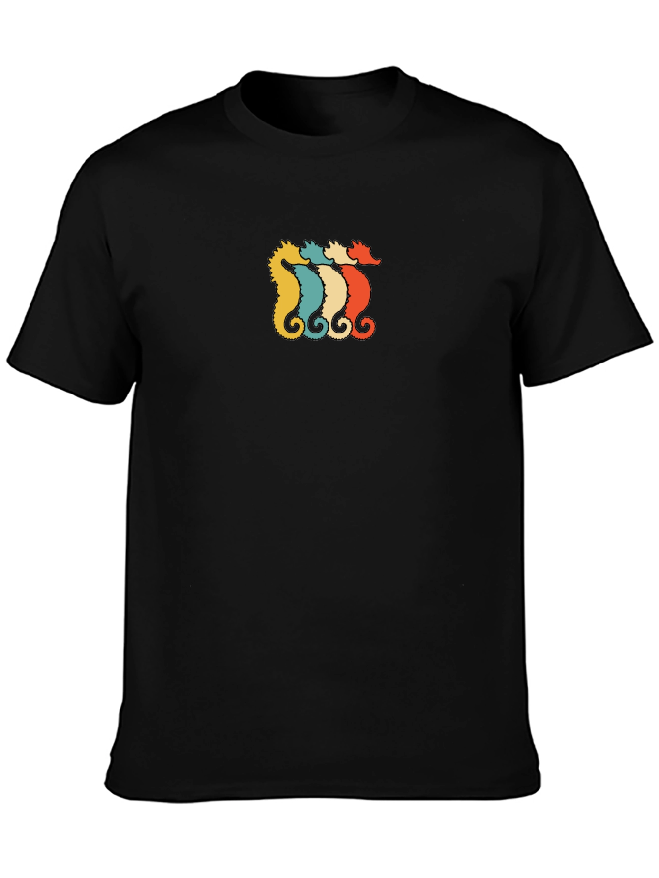 Retro Seahorse Graphic Tee - Black Cotton T-Shirt
