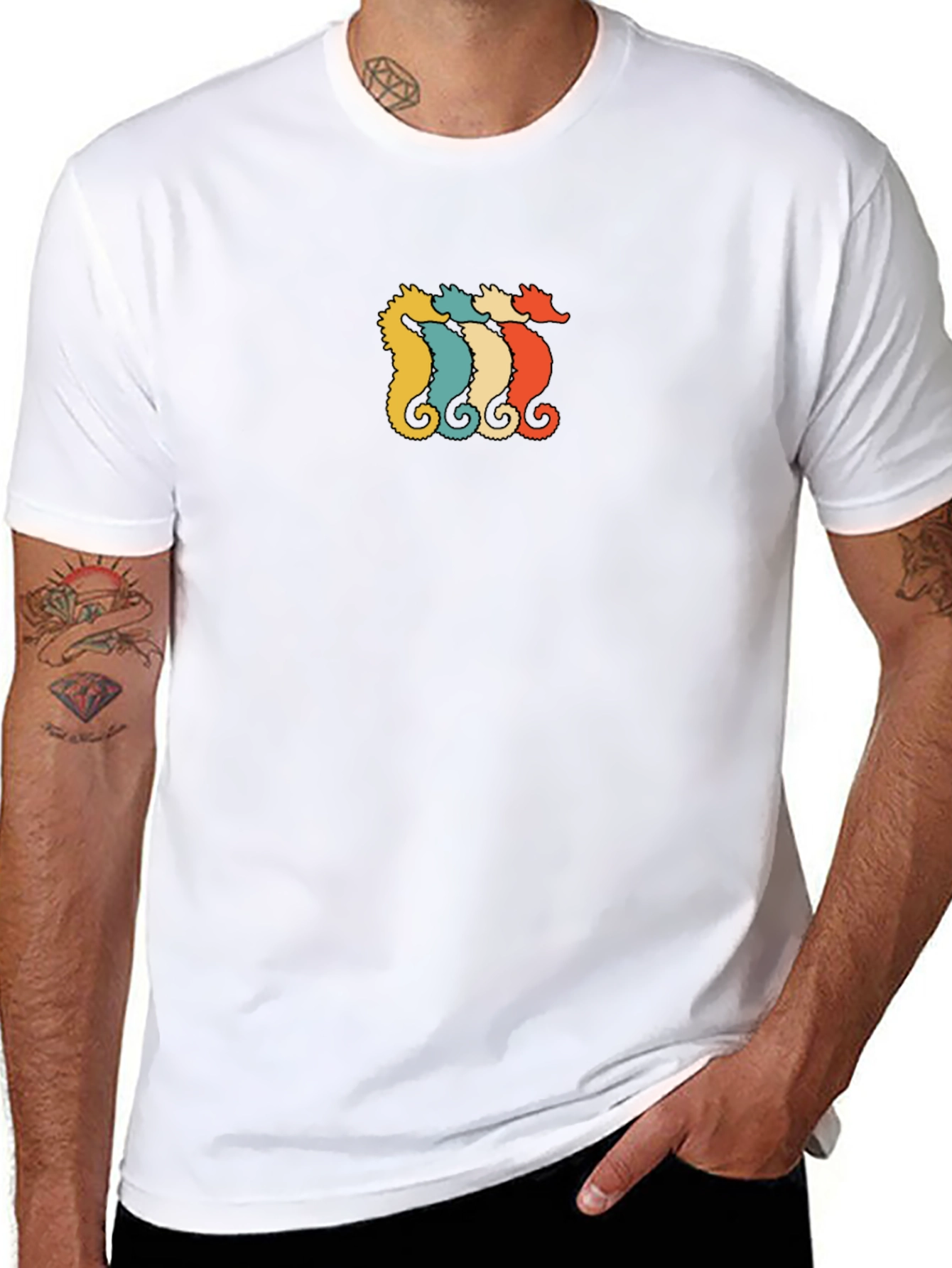Retro Seahorse Graphic Tee - Black Cotton T-Shirt