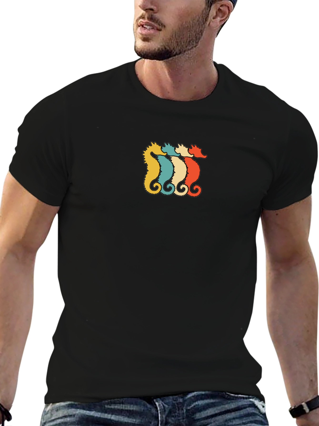 Retro Seahorse Graphic Tee - Black Cotton T-Shirt