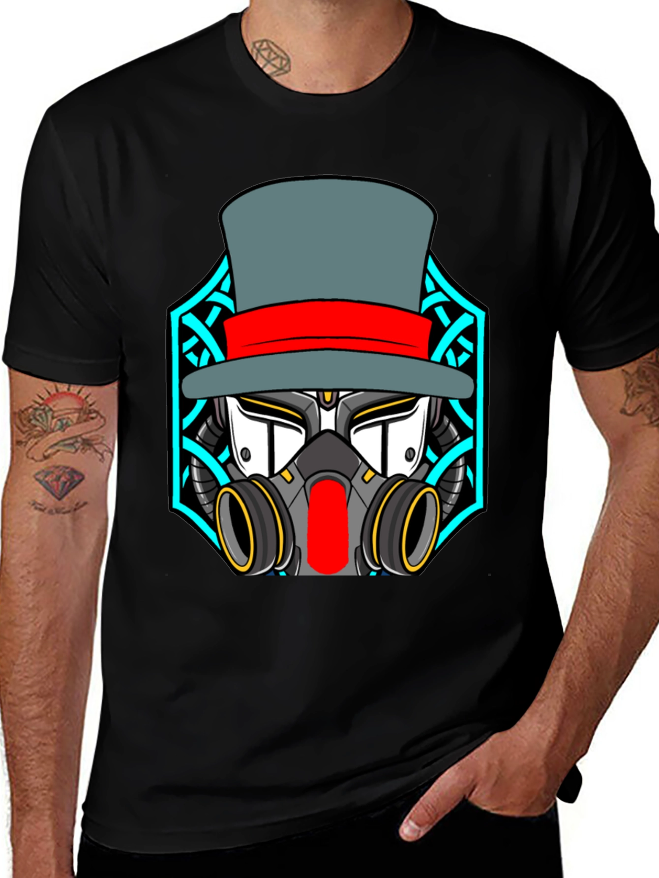 Steampunk Robot Top Hat Graphic Black T-Shirt