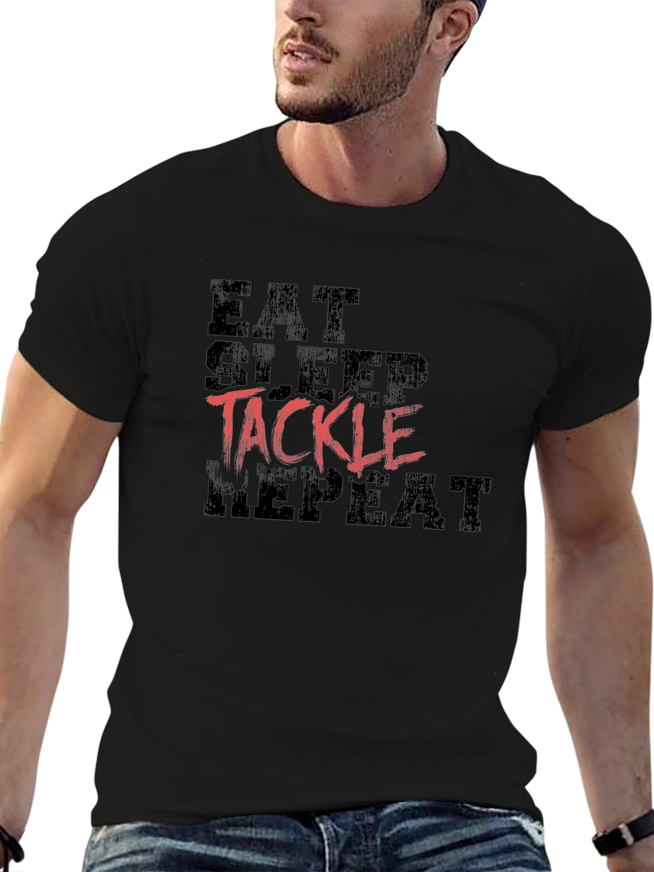 Eat Sleep Tackle Repeat Black T-Shirt