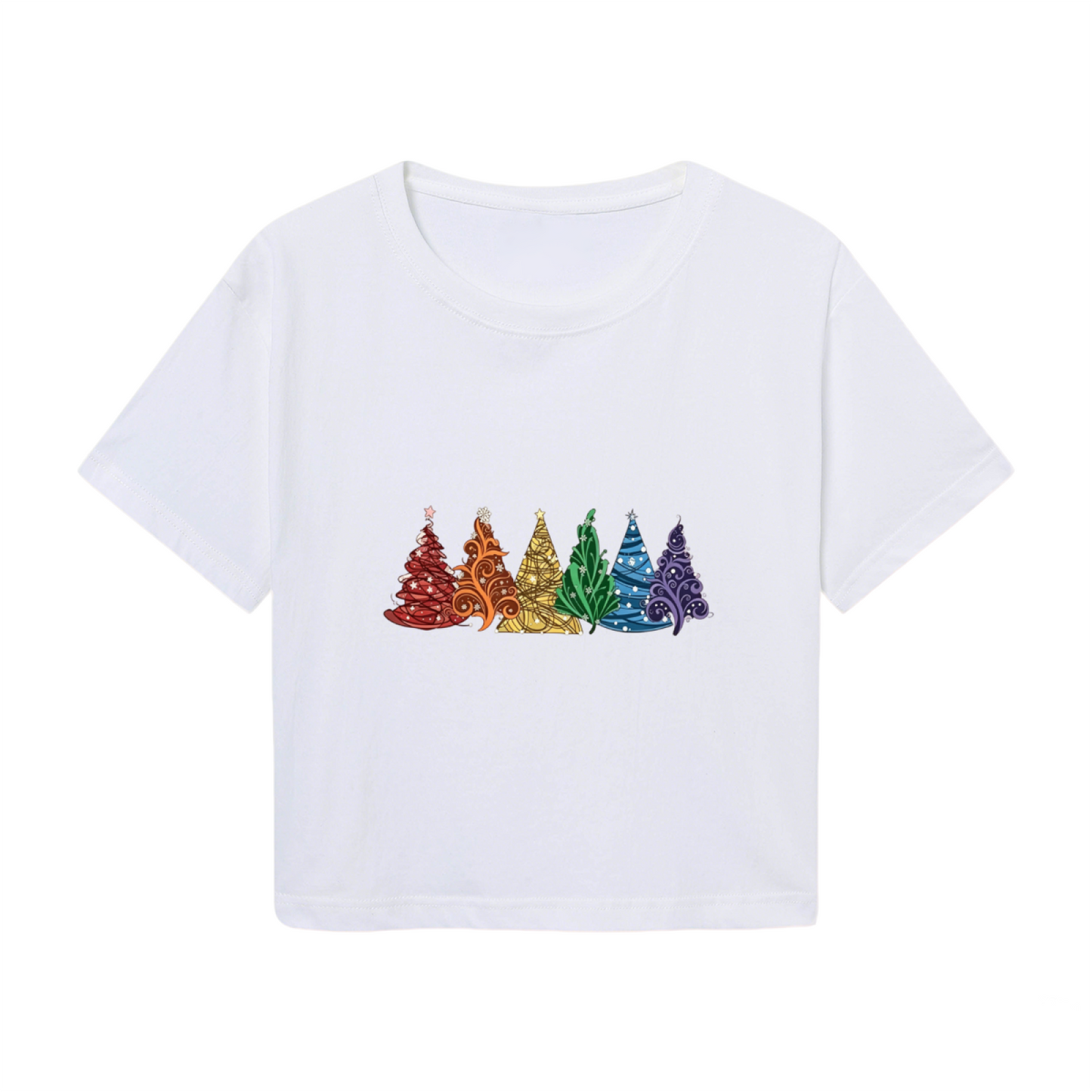 Vibrant Rainbow Colored Christmas Trees Festive Holiday Crop T?Shirt