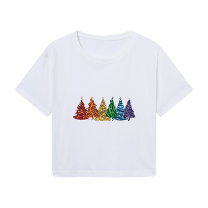 Vibrant Rainbow Colored Christmas Trees Festive Holiday Crop T?Shirt