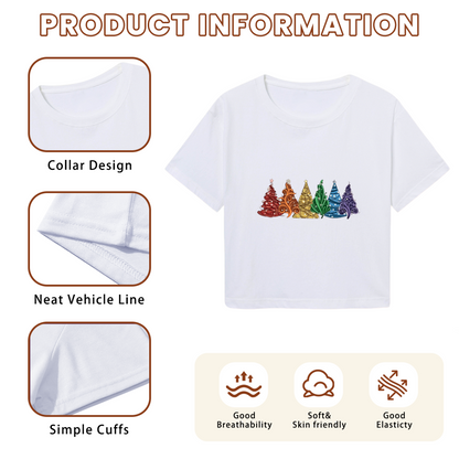 Vibrant Rainbow Colored Christmas Trees Festive Holiday Crop T?Shirt