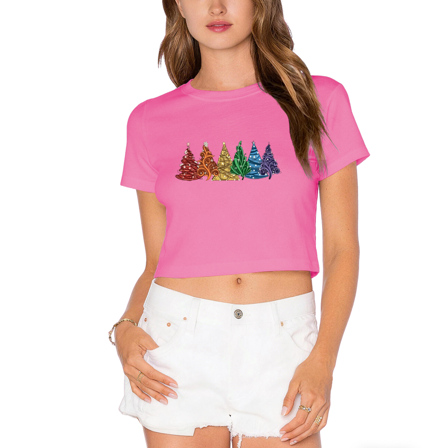 Vibrant Rainbow Colored Christmas Trees Festive Holiday Crop T?Shirt