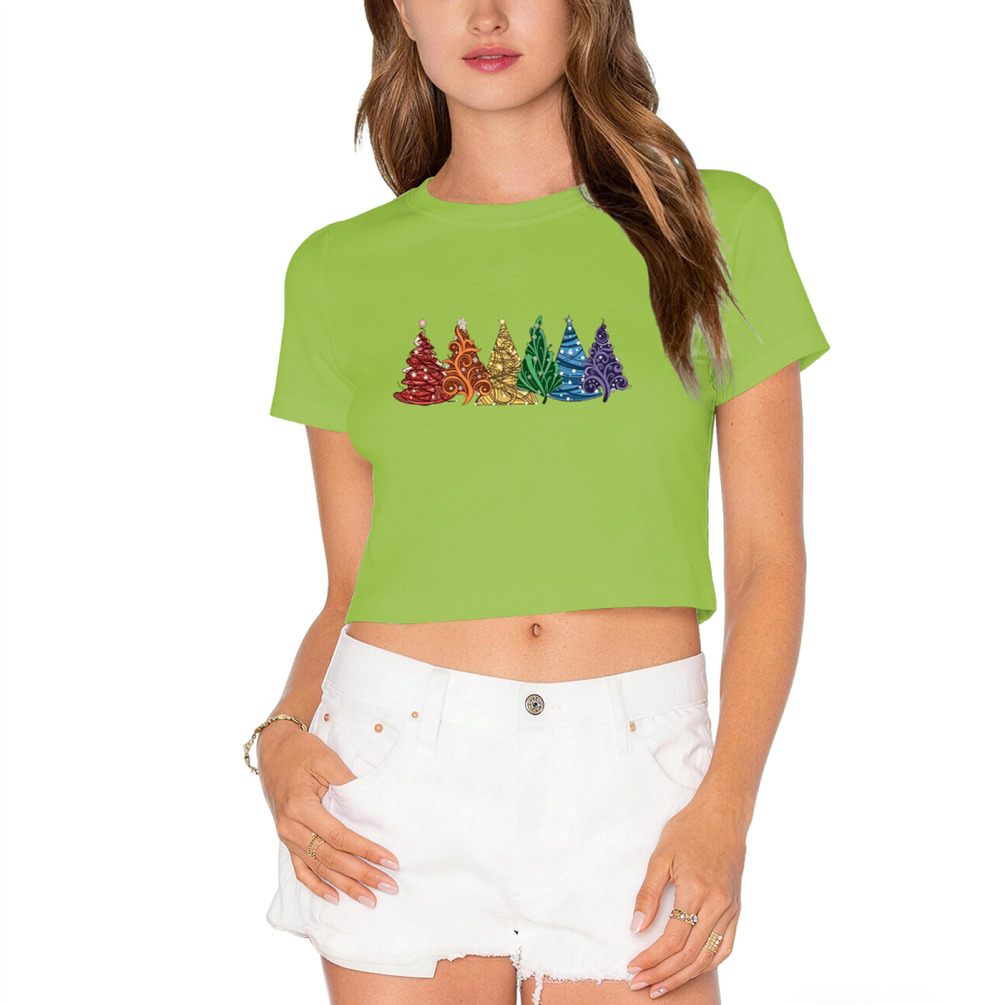 Vibrant Rainbow Colored Christmas Trees Festive Holiday Crop T?Shirt