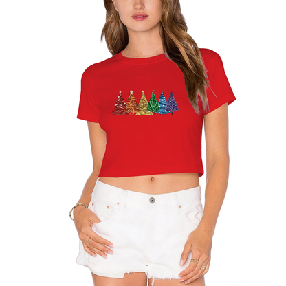 Vibrant Rainbow Colored Christmas Trees Festive Holiday Crop T?Shirt