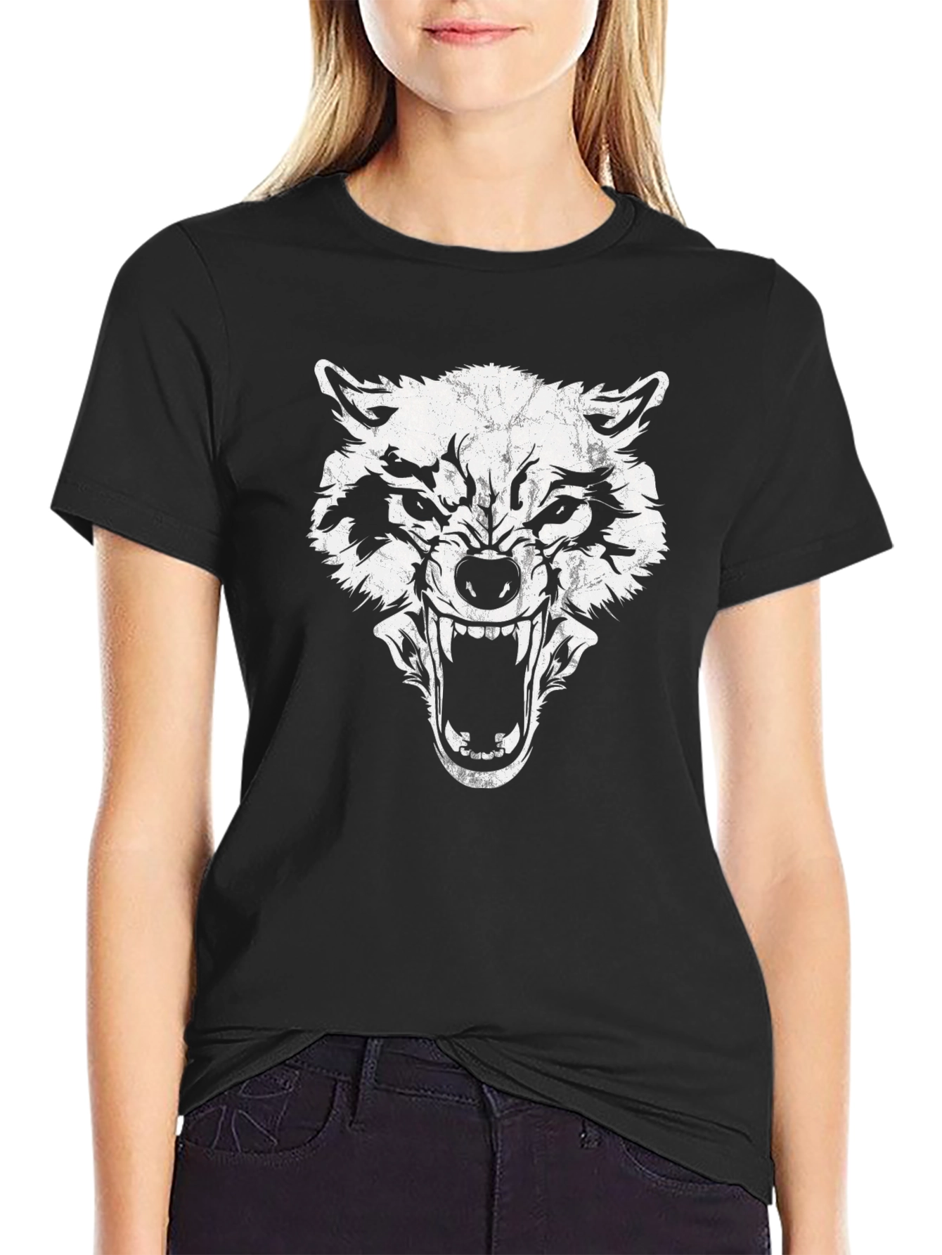 Fierce Wolf Graphic Print Black T-Shirt
