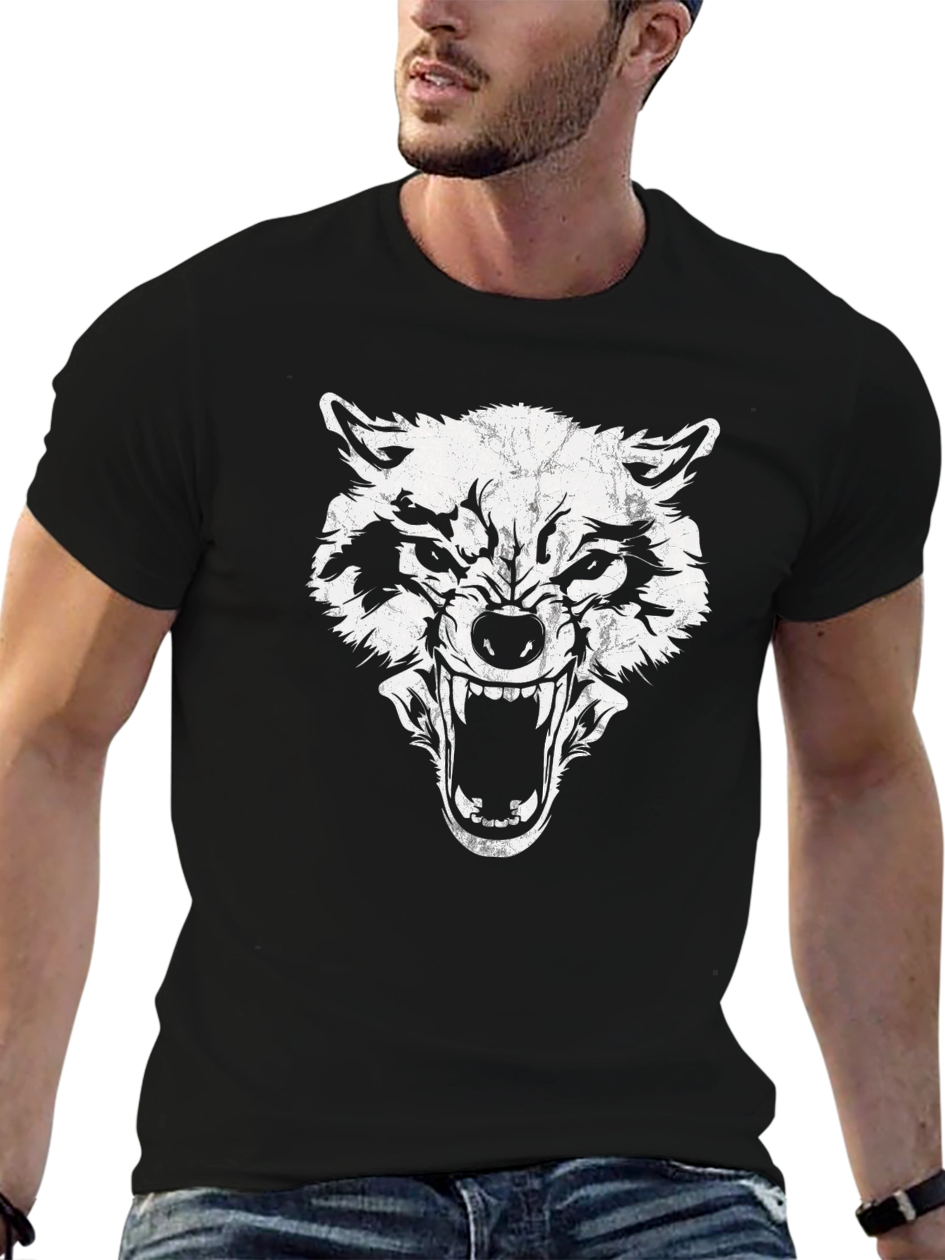 Fierce Wolf Graphic Print Black T-Shirt