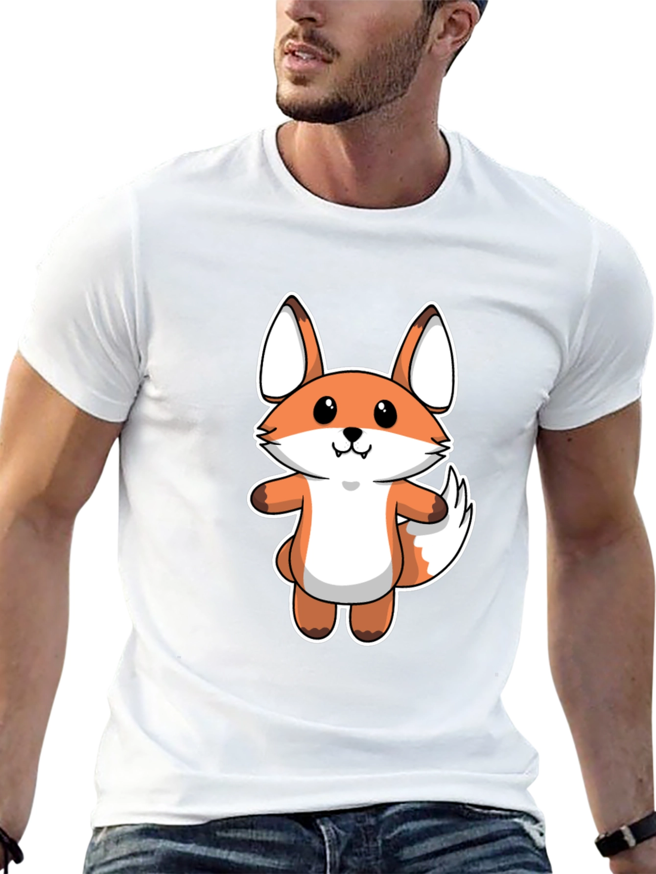 Cartoon Fox Graphic Tee - Black Cotton T-Shirt