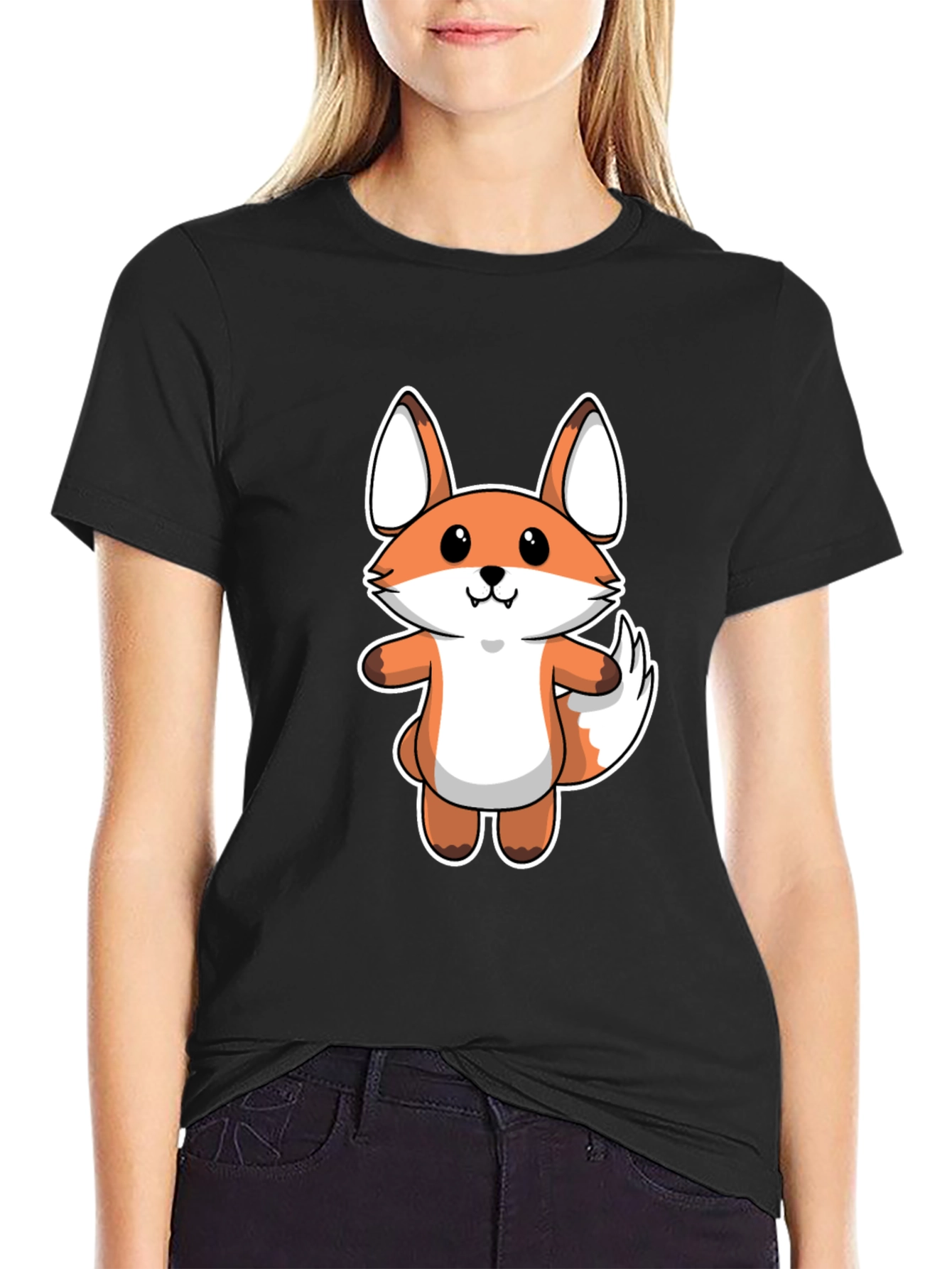 Cartoon Fox Graphic Tee - Black Cotton T-Shirt
