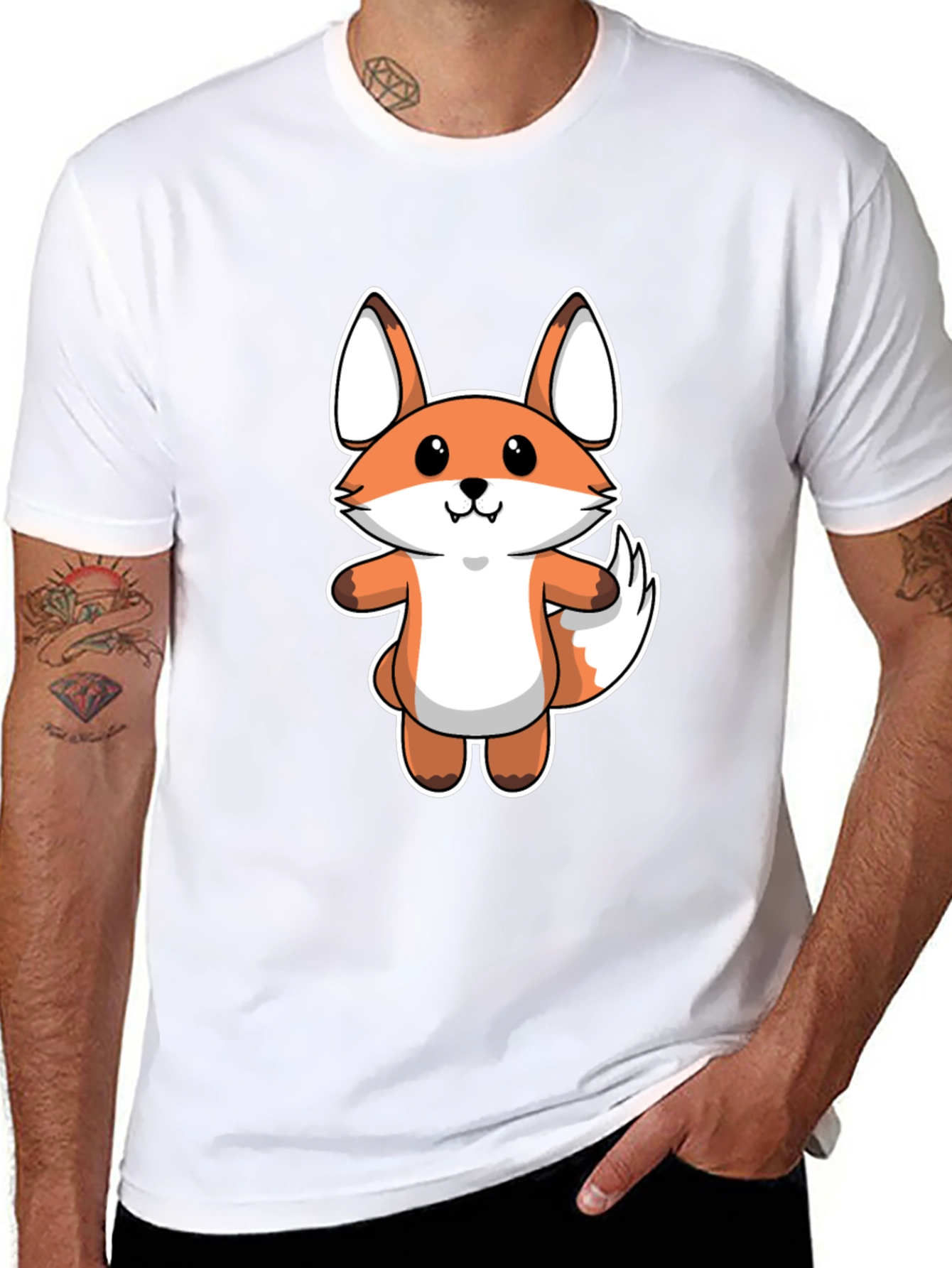 Cartoon Fox Graphic Tee - Black Cotton T-Shirt