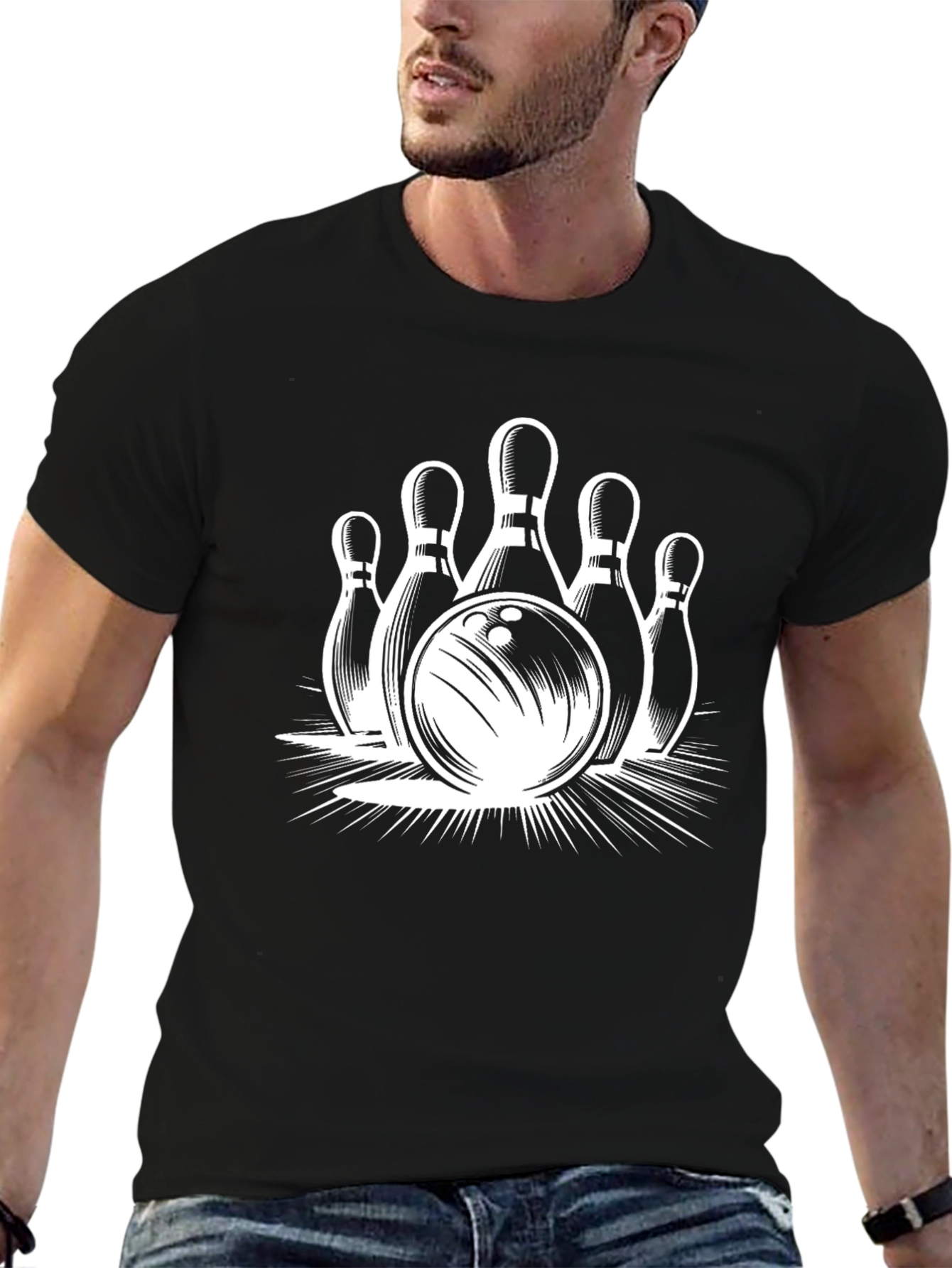 Bowling Strike Graphic Tee - Black Cotton T-Shirt