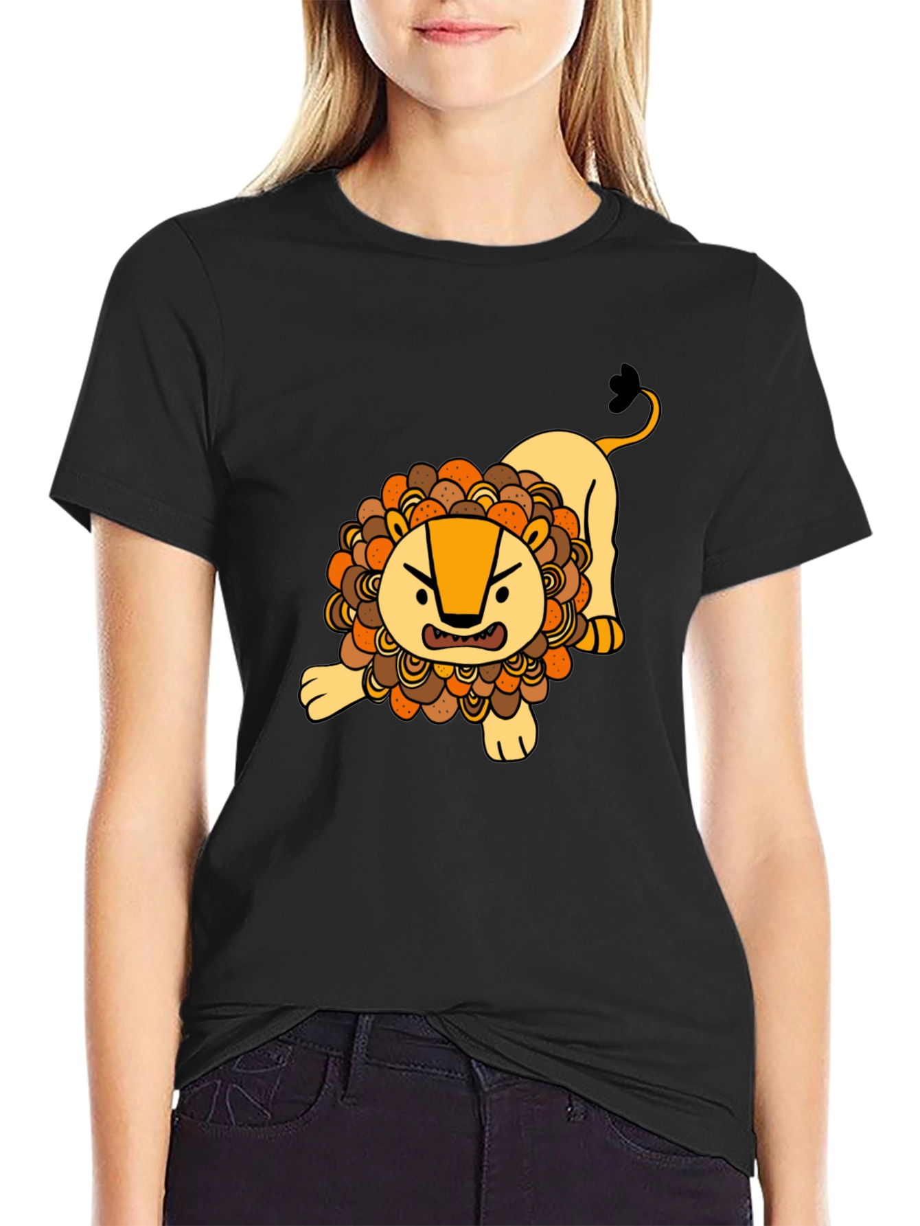 Cartoon Lion Graphic T-Shirt - Black