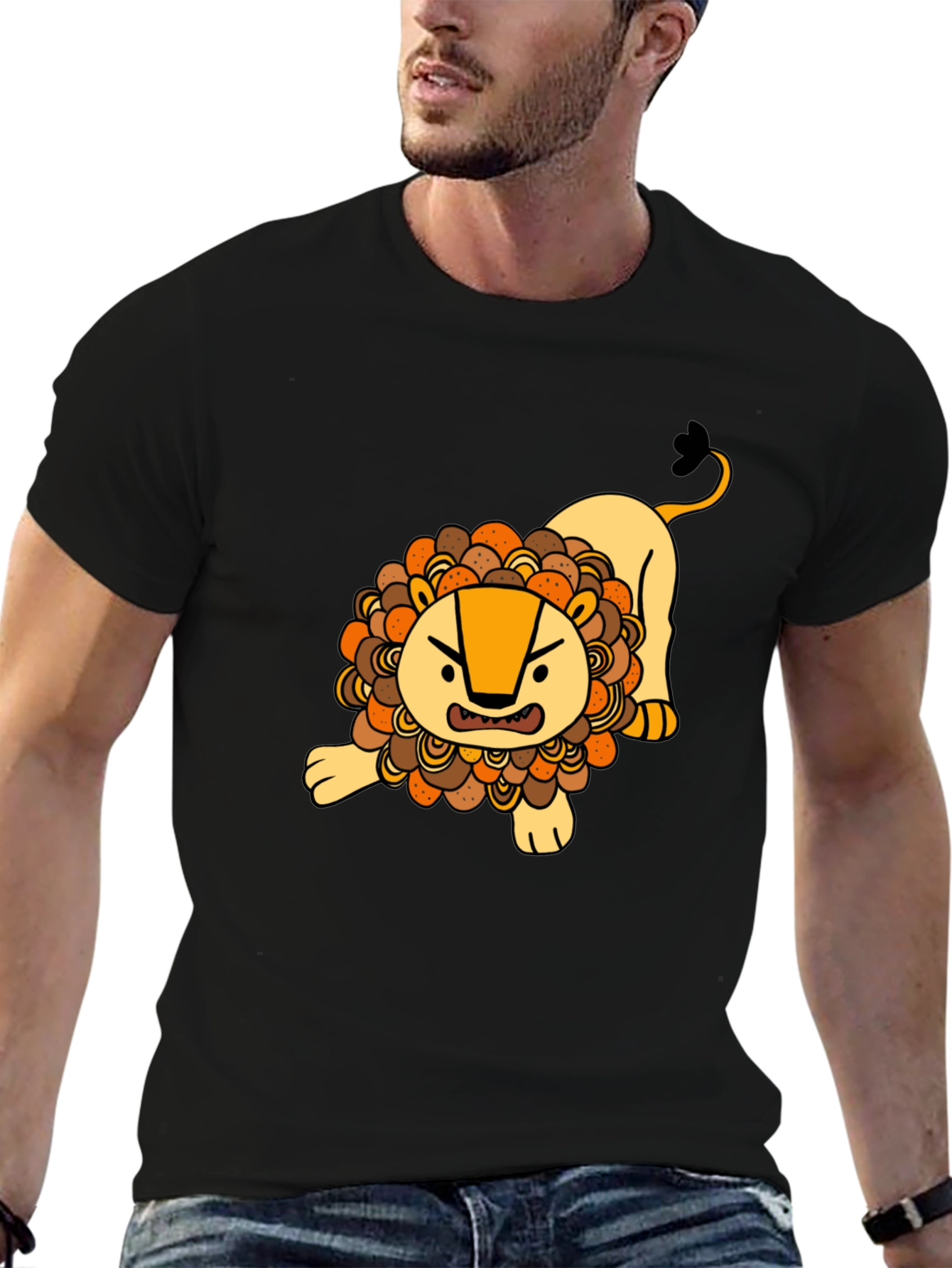 Cartoon Lion Graphic T-Shirt - Black